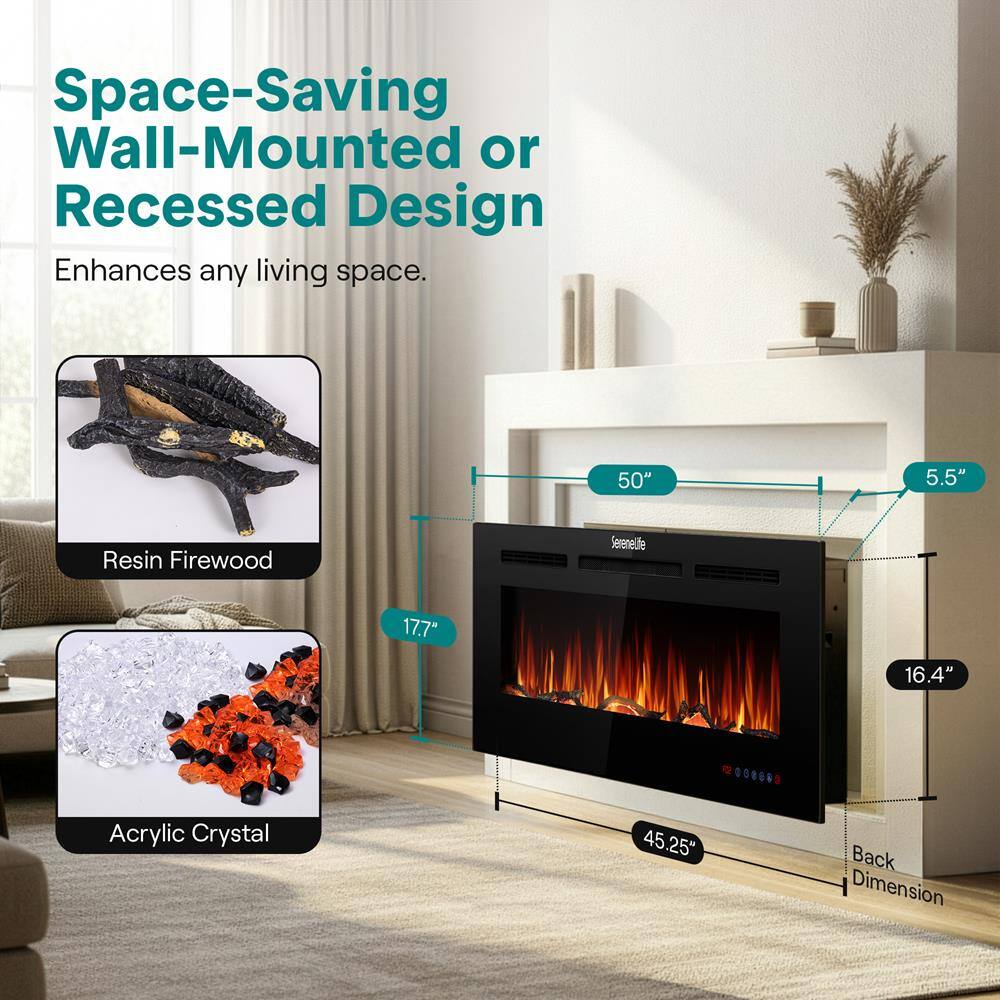 Space-Saving Wall-Mounted or Recessed Design Enhances any living space.

- Resin Firewood: 50" x 5.5"
- Acrylic Crystal: 17.7" x 16.4"
- Back Dimension: 45.25"