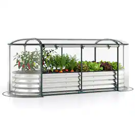 Costway - 6 x 2 x 1 FT Color Steel Raised Garden Bed with Greenhouse Cover, Roll-up Window - Silver, Transparent