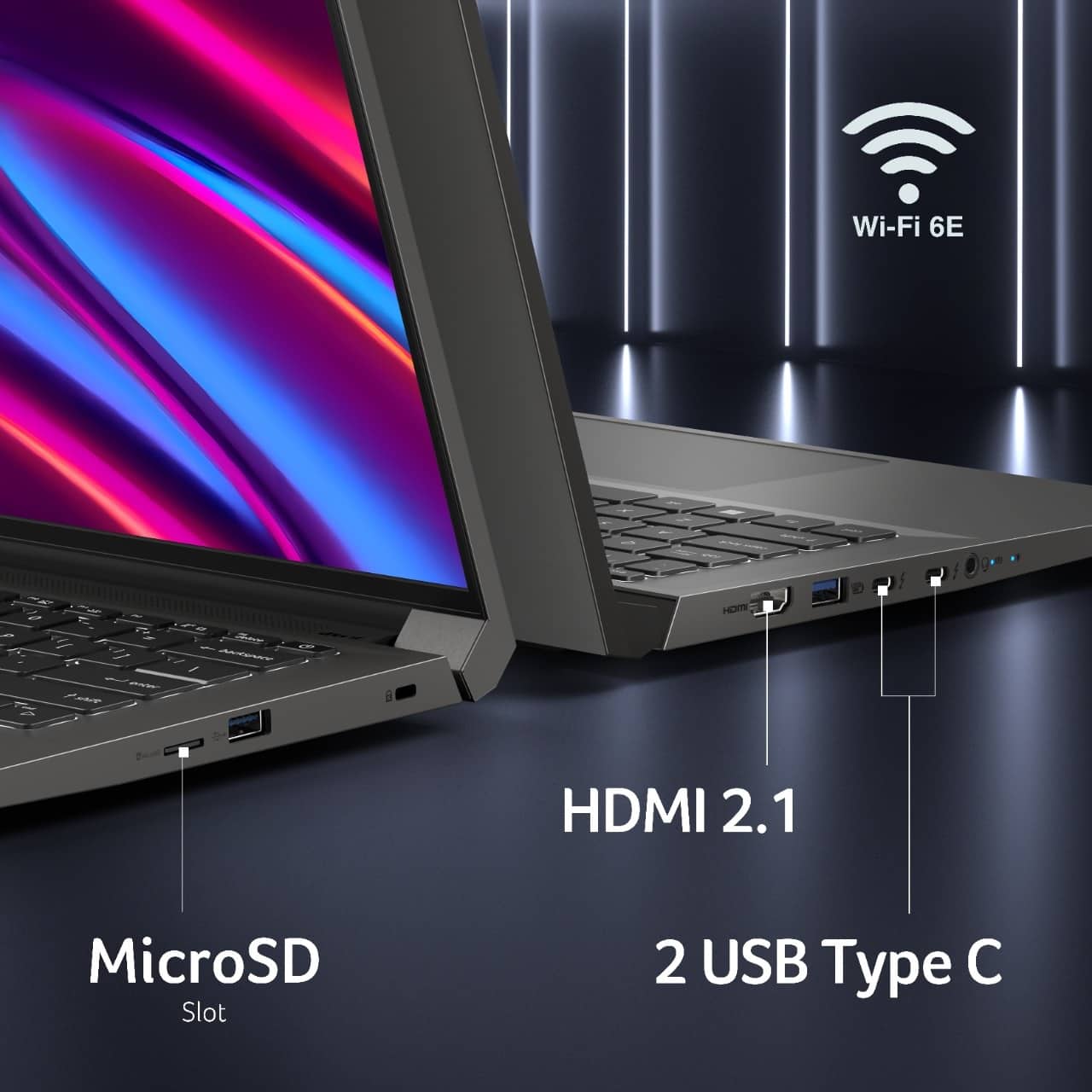 Wi-Fi 6E e I e - A < T - A AAN I C HOM a HDMI 2.1 MicroSD Slot 2 USB Type C