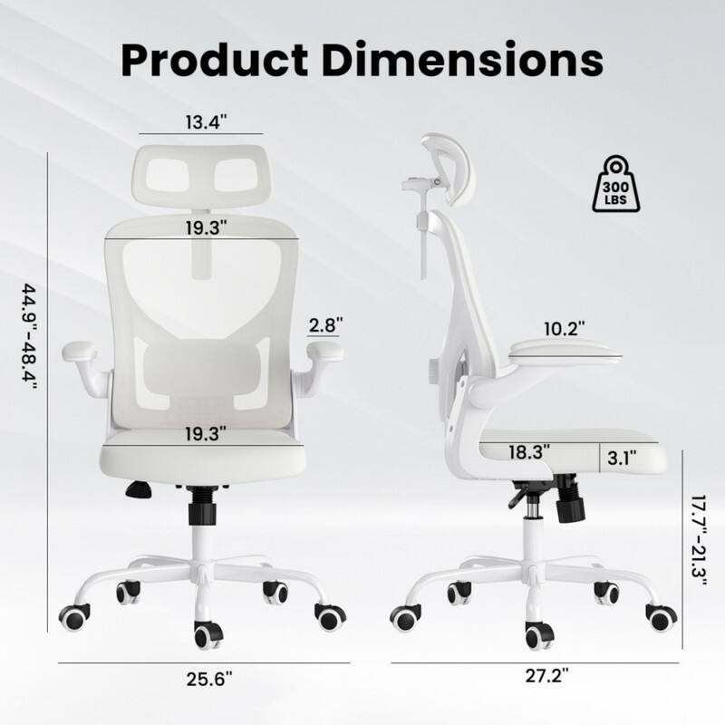 Product Dimensions

- Height: 44.9" - 48.4"
- Seat Height: 19.3"
- Back Height: 19.3"
- Armrest Height: 13.4"
- Seat Depth: 19.3"
- Seat Width: 19.3"
- Base Width: 25.6"
- Armrest Width: 18.3"
- Armrest Height: 10.2"
- Armrest Extension: 17.7" - 21.3"
- Base Width: 27.2"
- Weight Capacity: 300 LBS