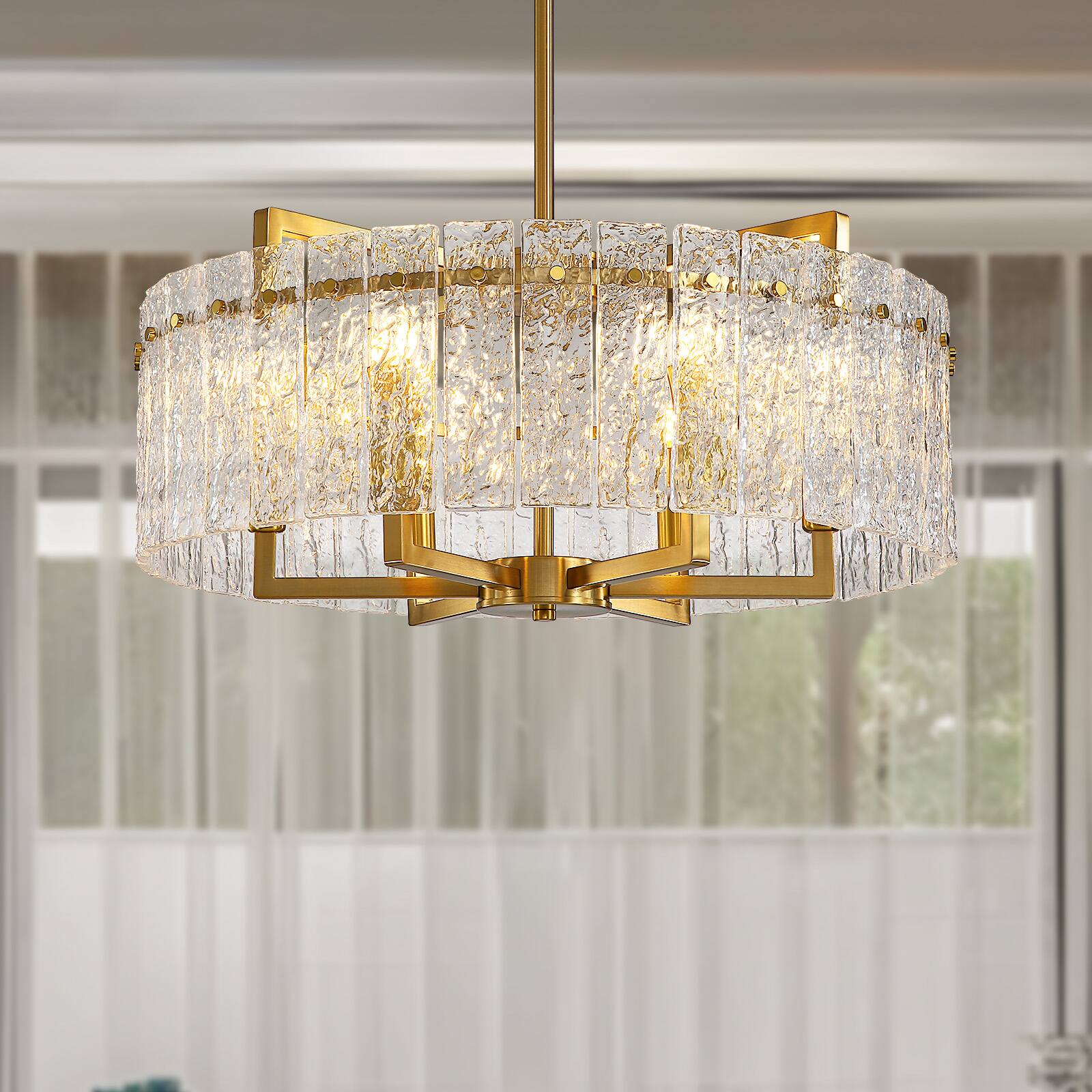 Angle. Siljoy - 26 Inch Luxury 6-Light Cracked Glass Crystal Chandelier Height Adjustable Suitable for Dining Room Kitchen and Foyer - Gold.