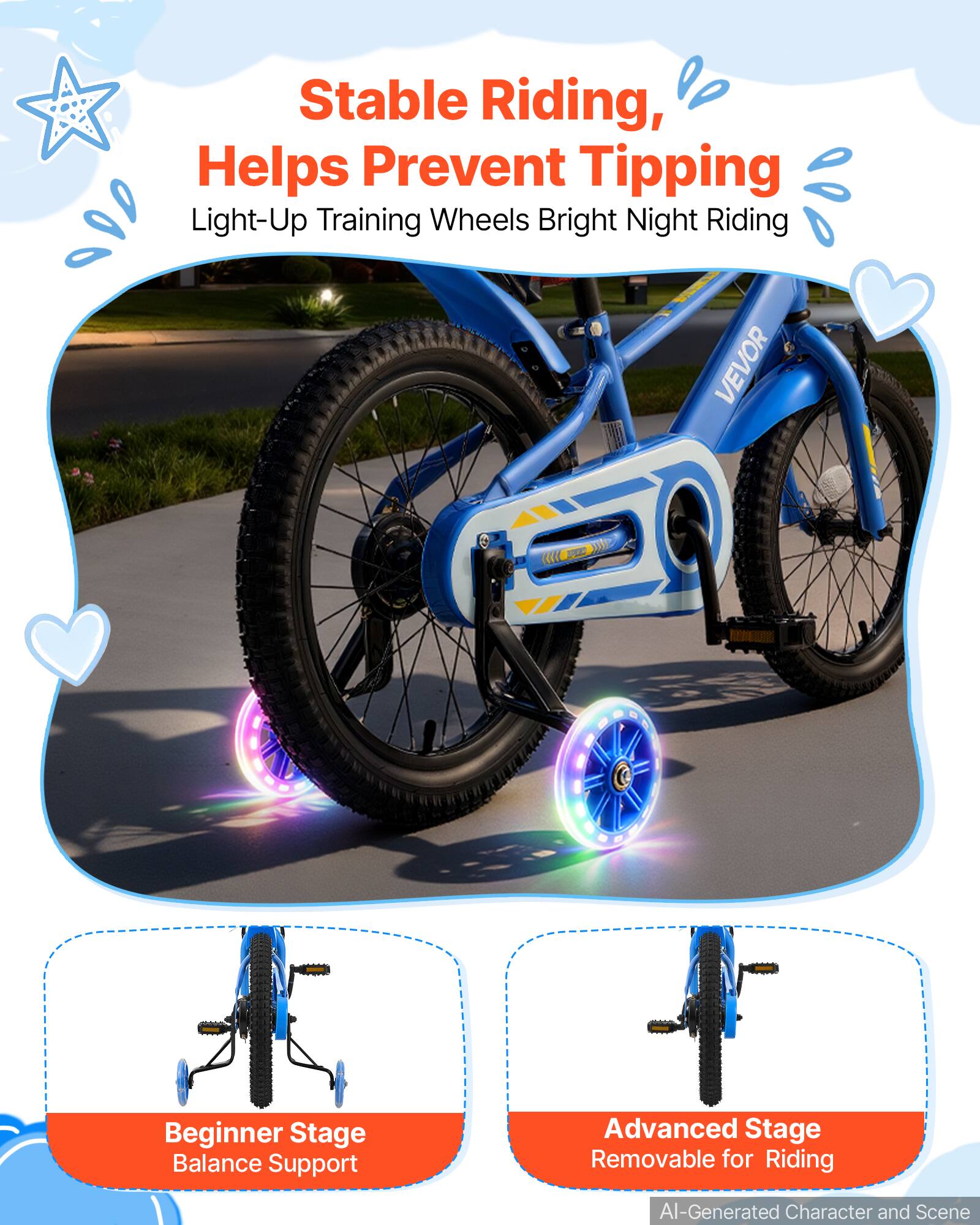 Stable Riding, Helps Prevent Tipping  
Light-Up Training Wheels Bright Night Riding  

VEVOR  

Beginner Stage Balance Support  
Advanced Stage Removable for Riding  

AI-Generated Character and Scene