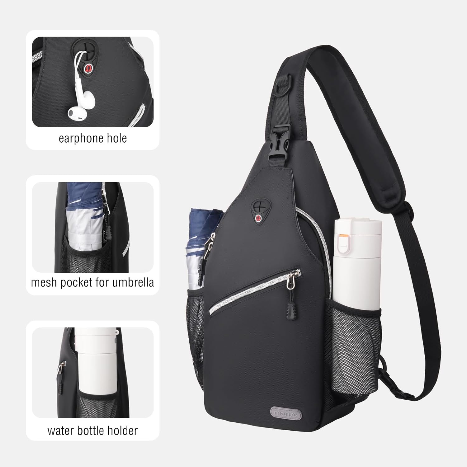 earphone hole  
mesh pocket for umbrella  
water bottle holder