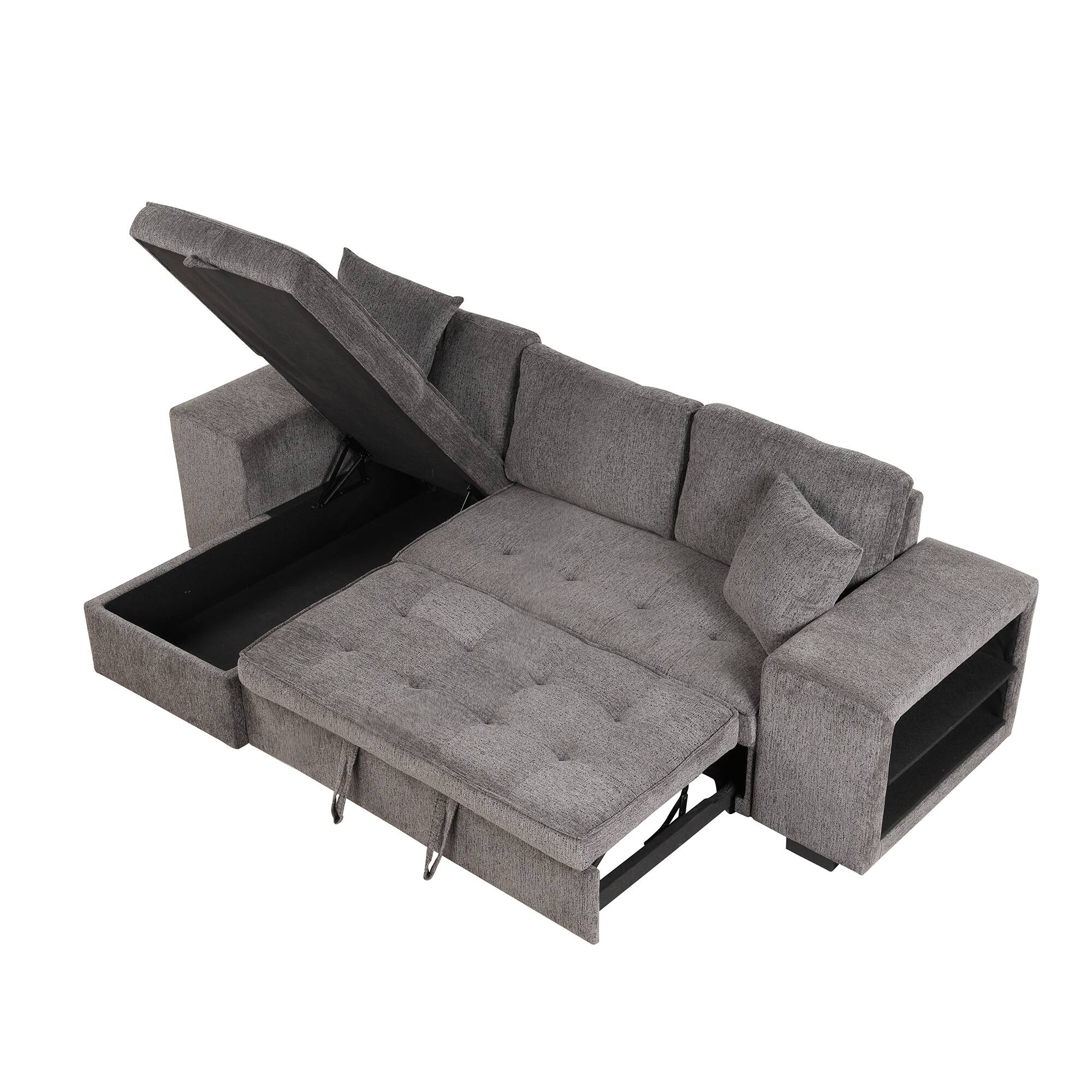 Alt View 1. LUCKY ONE - 104.5" L-Shape Reversible Pull-Out Sleeper Sectional Sofa with Storage Chaise & 2 Stools - Knox Charcoal.