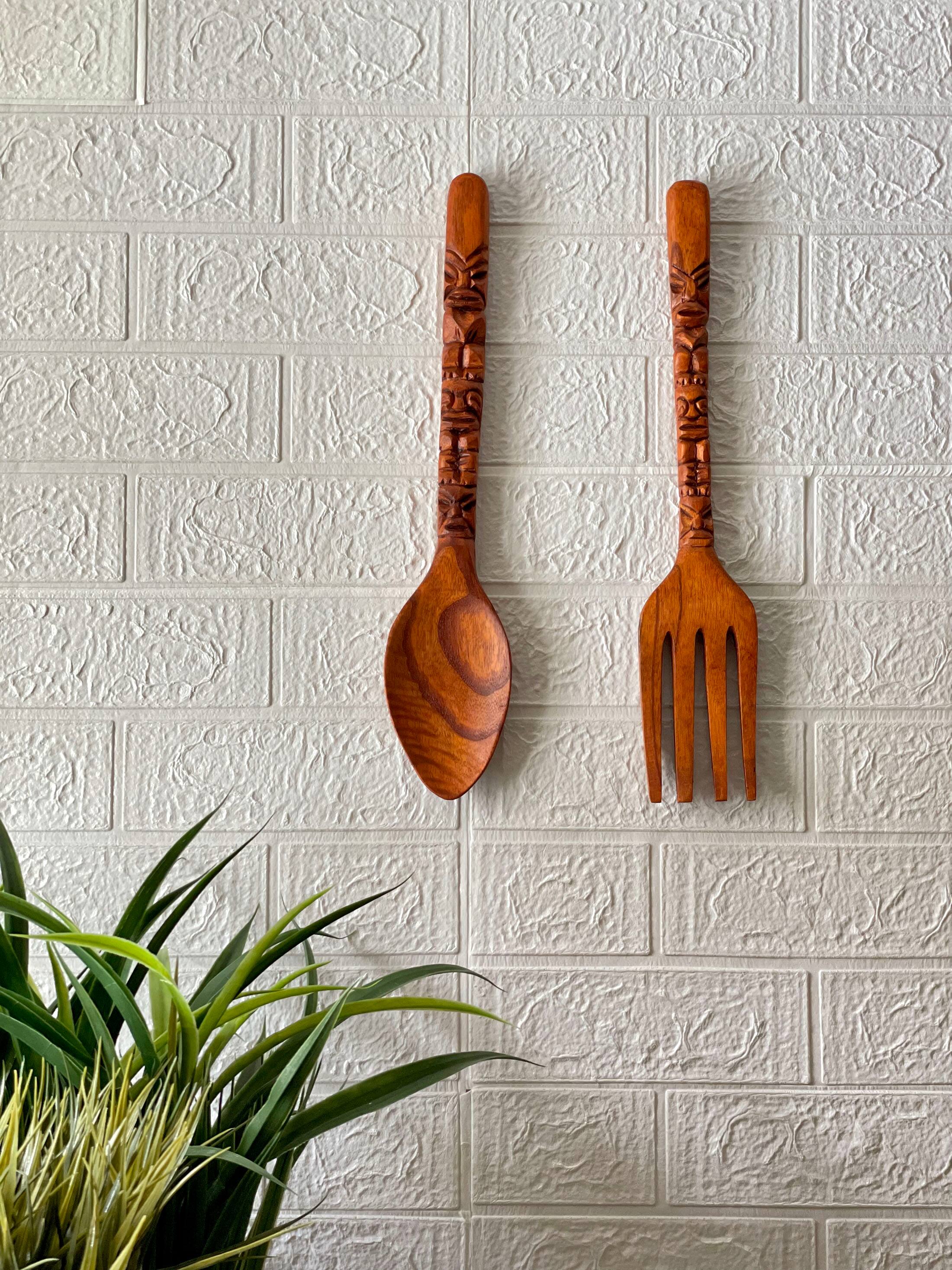 Alt View 3. Zeckos - 16 Inch Carved Tiki Spoon & Fork Wooden Wall Decor Art Utensil Decoration Set - Brown.