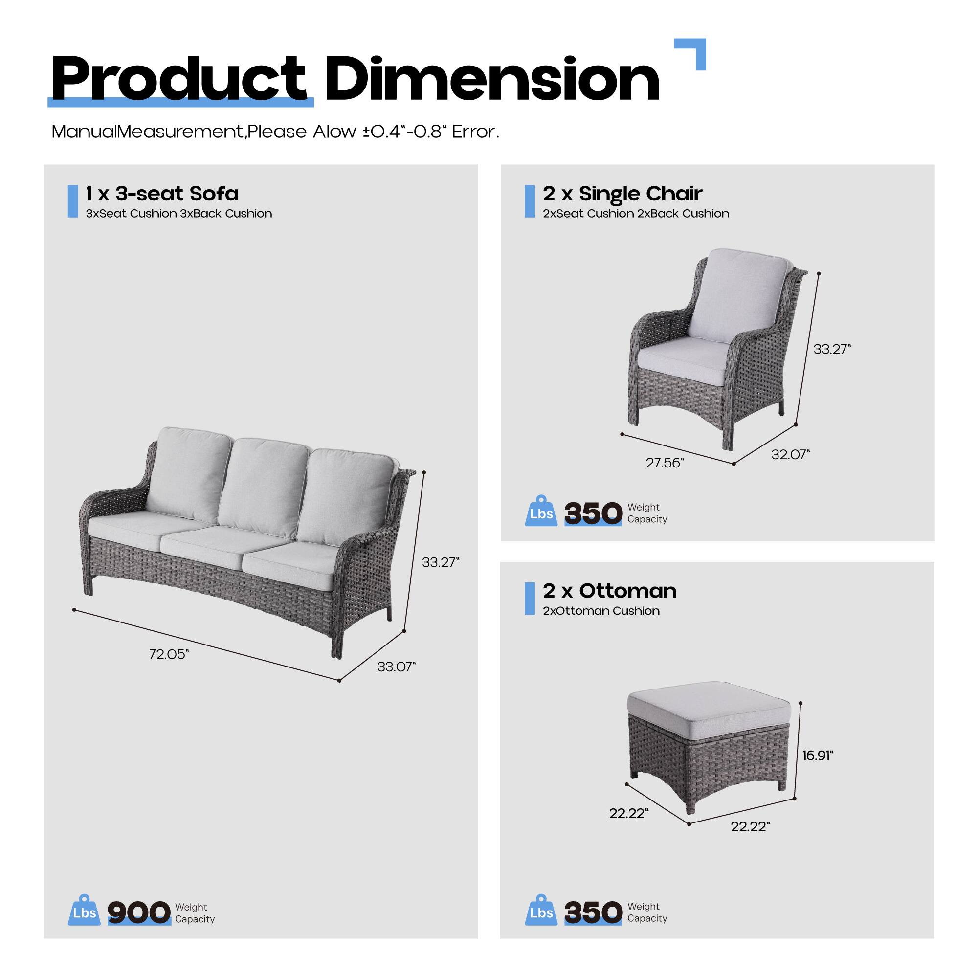 Product Dimension

Manual Measurement. Please Allow ±0.4"-0.8" Error.

1 x 3-seat Sofa  
3x Seat Cushion 3x Back Cushion  
72.05" x 33.27" x 33.07"  
Weight Capacity: 350 Lbs

2 x Single Chair  
2x Seat Cushion 2x Back Cushion  
33.27" x 27.56" x 32.07"  
Weight Capacity: 350 Lbs

2 x Ottoman  
2x Ottoman Cushion  
22.22" x 22.22" x 16.9"  
Weight Capacity: 350 Lbs