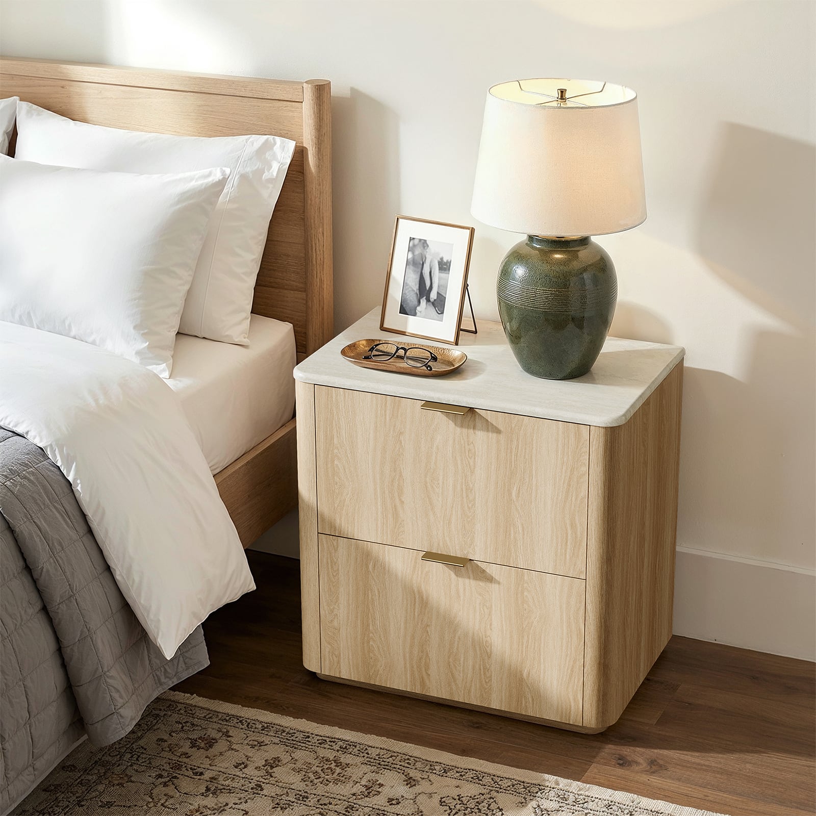 ModernMate - Nightstand with 2 Drawers Modern Faux Travertine 23.6" Nightstand End Table for Bedroom Living Room - Natural Oak