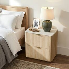 ModernMate - Nightstand with 2 Drawers Modern Faux Travertine 23.6" Nightstand End Table for Bedroom Living Room - Natural Oak