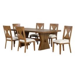 Manhattan Lane - Zivy 7pc Dining Table Set, Modern Farmhouse Oak Brown, 6 Fabric Chairs - Oak Brown, White