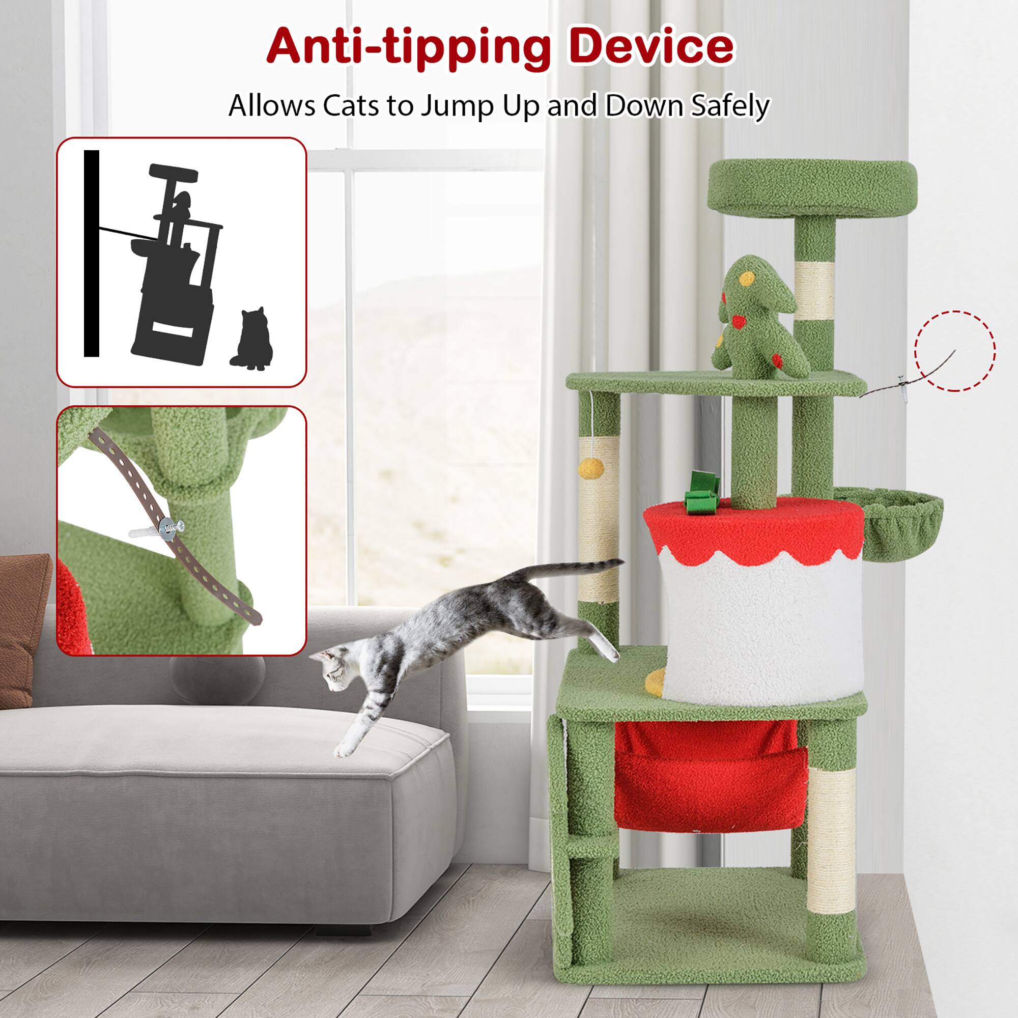 Anti-tipping Device  
Allows Cats to Jump Up and Down Safely