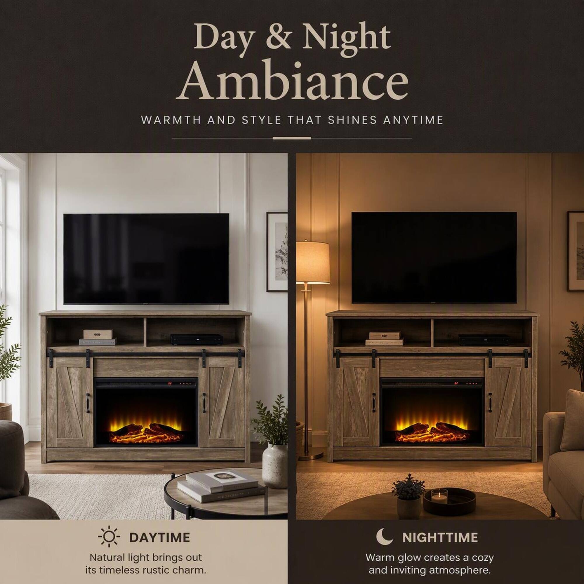 Day & Night Ambiance  
WARMTH AND STYLE THAT SHINES ANYTIME

DAYTIME  
Natural light brings out its timeless rustic charm.

NIGHTTIME  
Warm glow creates a cozy and inviting atmosphere.
