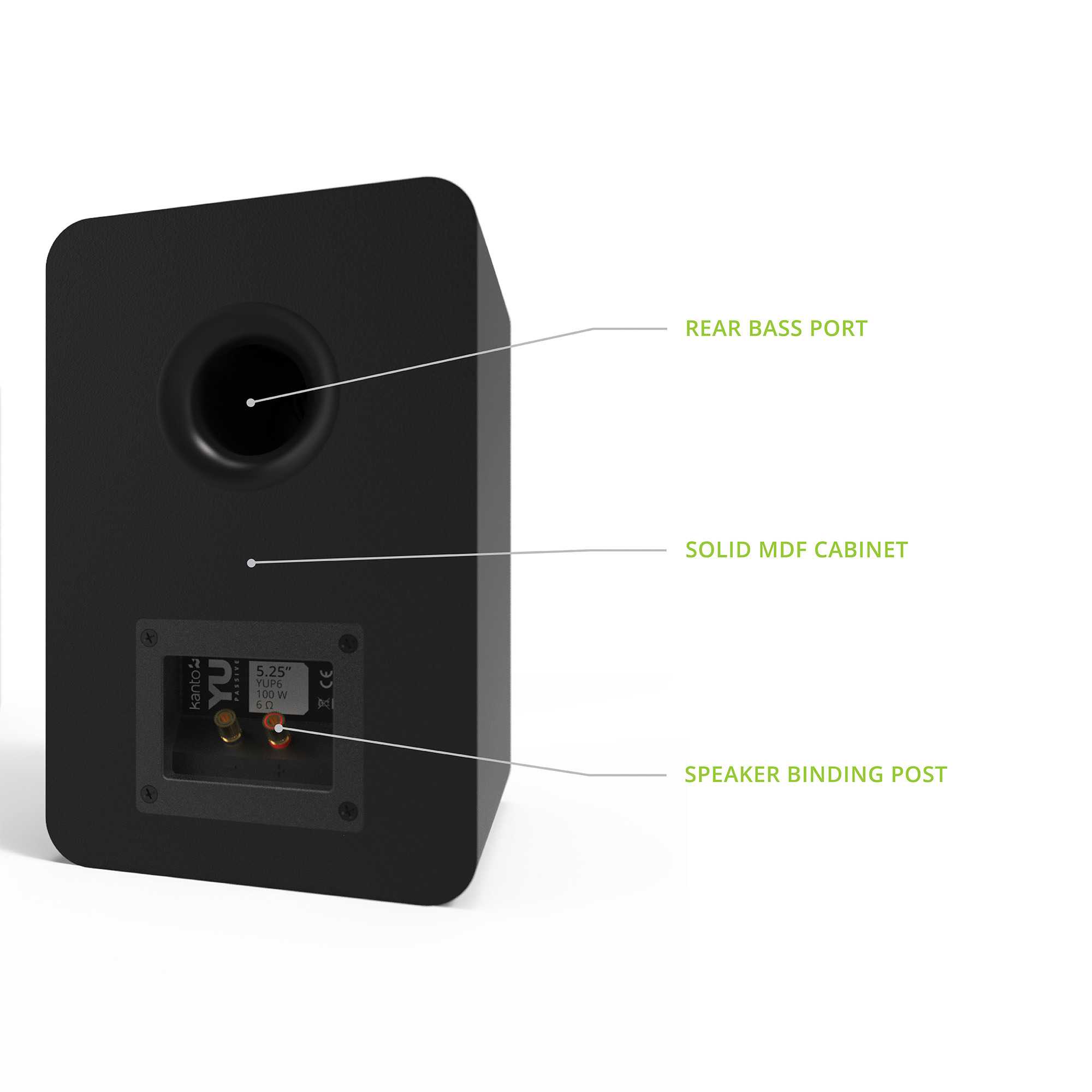 REAR BASS PORT  
SOLID MDF CABINET  
SPEAKER BINDING POST