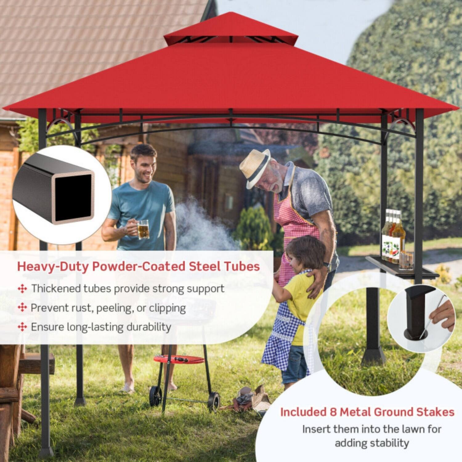 Heavy-Duty Powder-Coated Steel Tubes  
- Thickened tubes provide strong support  
- Prevent rust, peeling, or clipping  
- Ensure long-lasting durability  

Included 8 Metal Ground Stakes  
Insert them into the lawn for adding stability