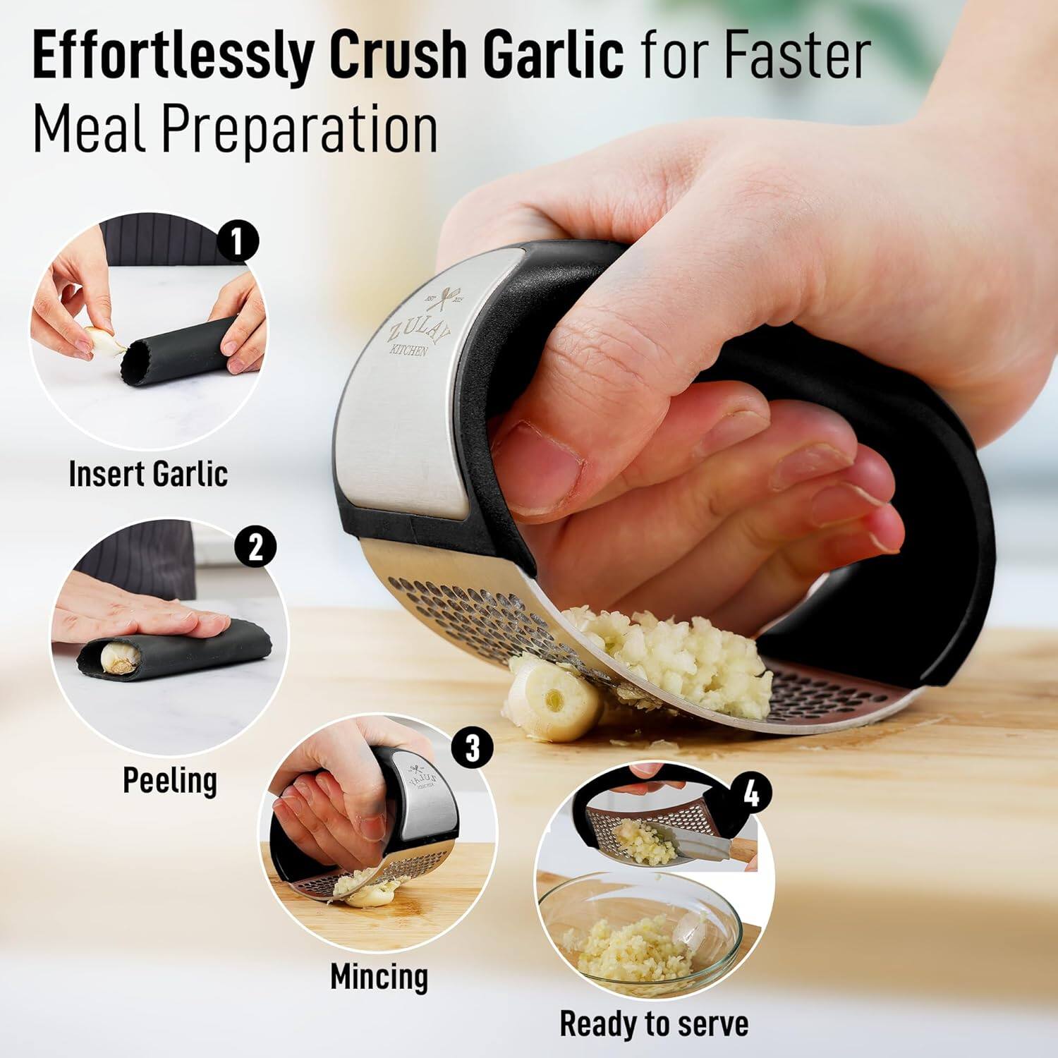 Effortlessly Crush Garlic for Faster Meal Preparation

1. Insert Garlic
2. Peeling
3. Mincing
4. Ready to serve