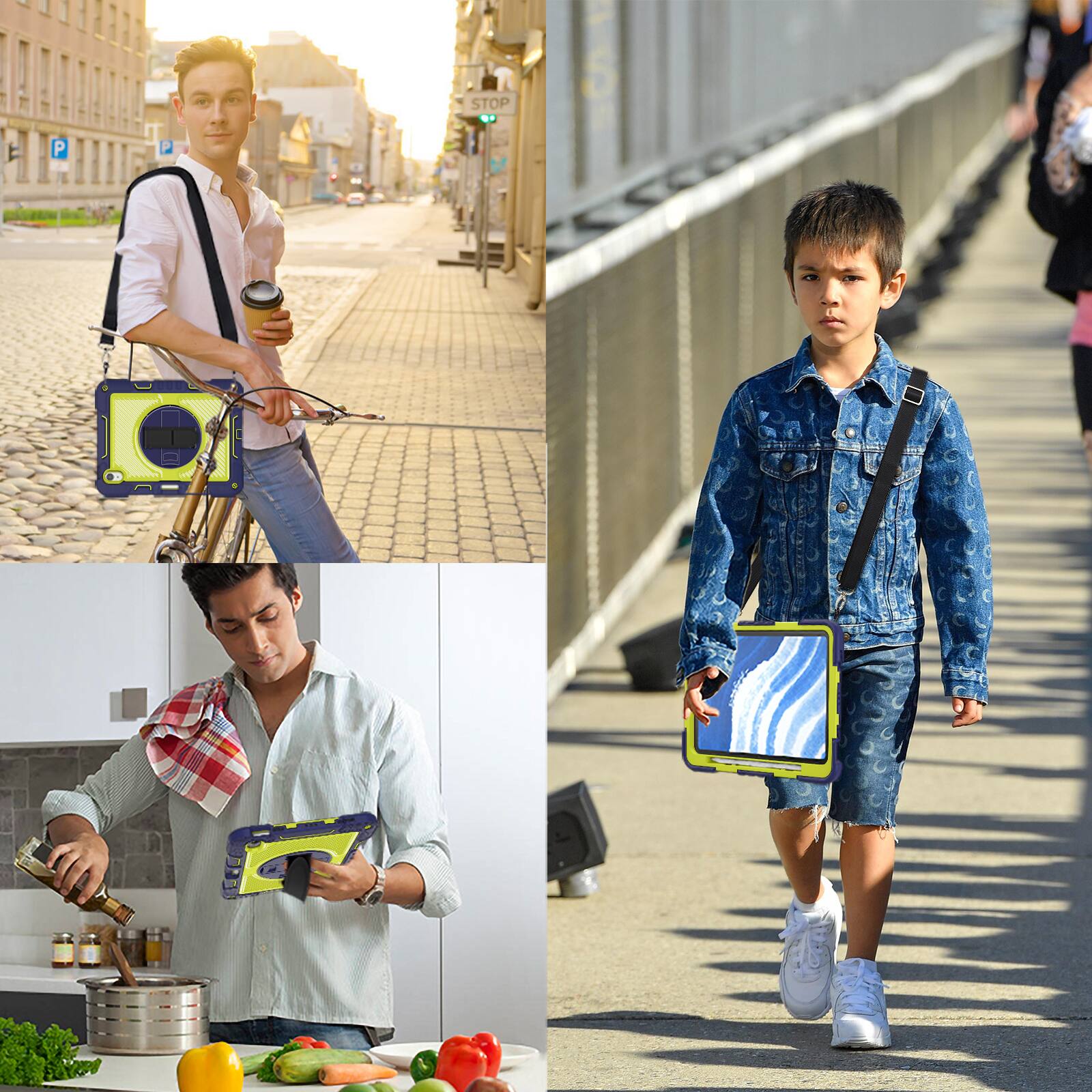 Back. Dteck - For Apple iPad (A16) 11" 2025/10th 2022 Three-Layer Hybrid Kickstand Pencil Holder Hand/Shoulder Strap Shockproof Case - Navy+Green.