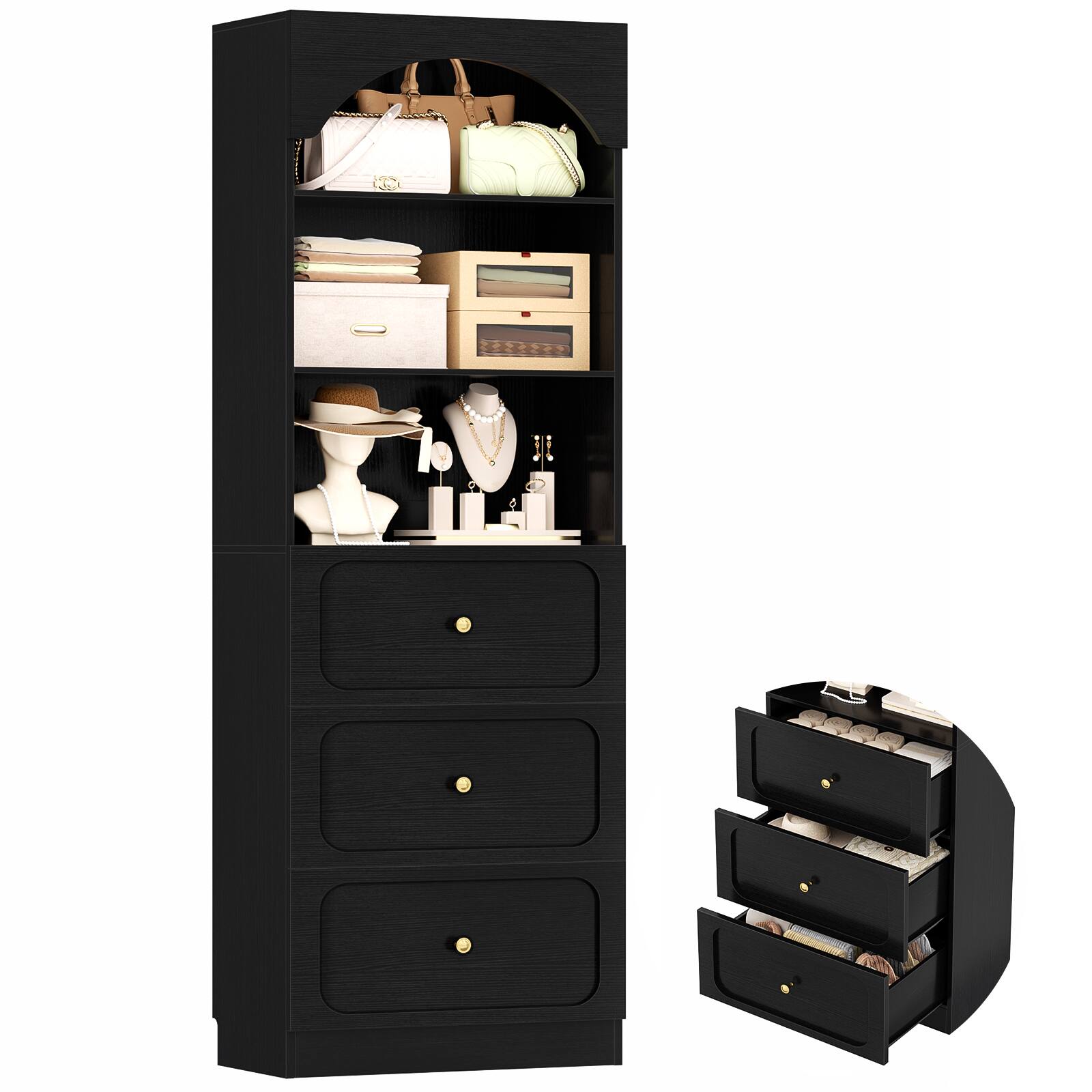 Angle. Aheaplus - 80" 2-Piece Arched Wooden Pantry Bookshelf Set - 6 Drawers & 6-Tier Shelves, Seamless Wall Fit for Living Room/Kitchen - Black.