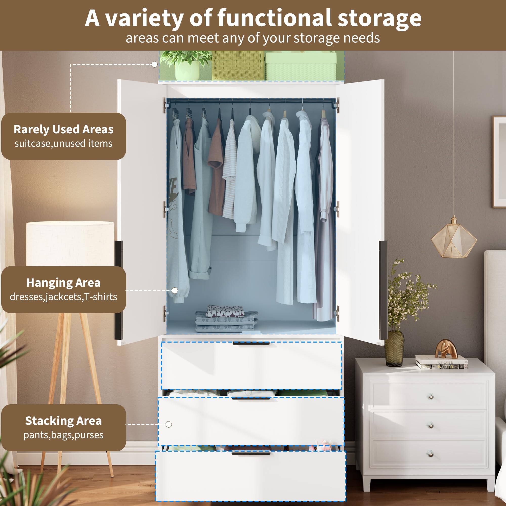 A variety of functional storage areas can meet any of your storage needs.

- Rarely Used Areas: suitcase, unused items
- Hanging Area: dresses, jackets, T-shirts
- Stacking Area: pants, bags, purses