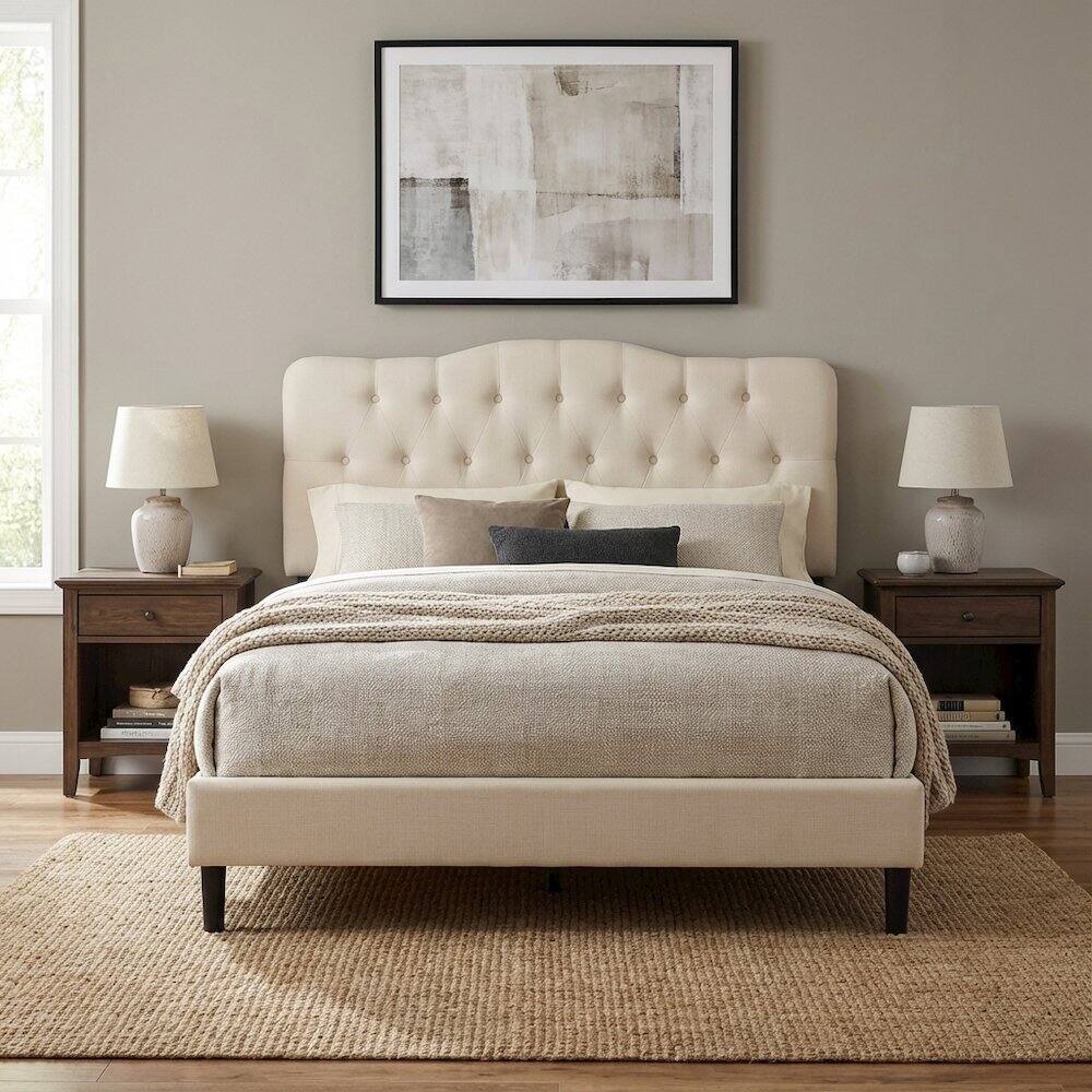 Left. FurniFact - Upholstered Fabric Headboard in Neutral Tone with Plush Padding and Sturdy Frame - Beige.