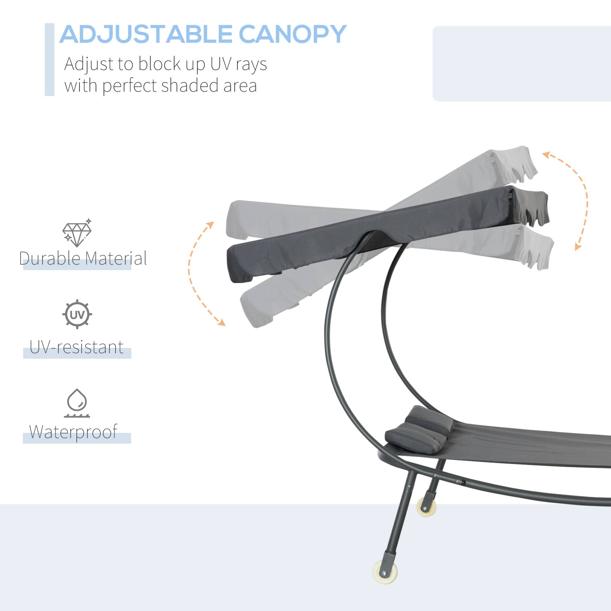 ADJUSTABLE CANOPY

Adjust to block up UV rays with perfect shaded area

Durable Material

UV-resistant

Waterproof