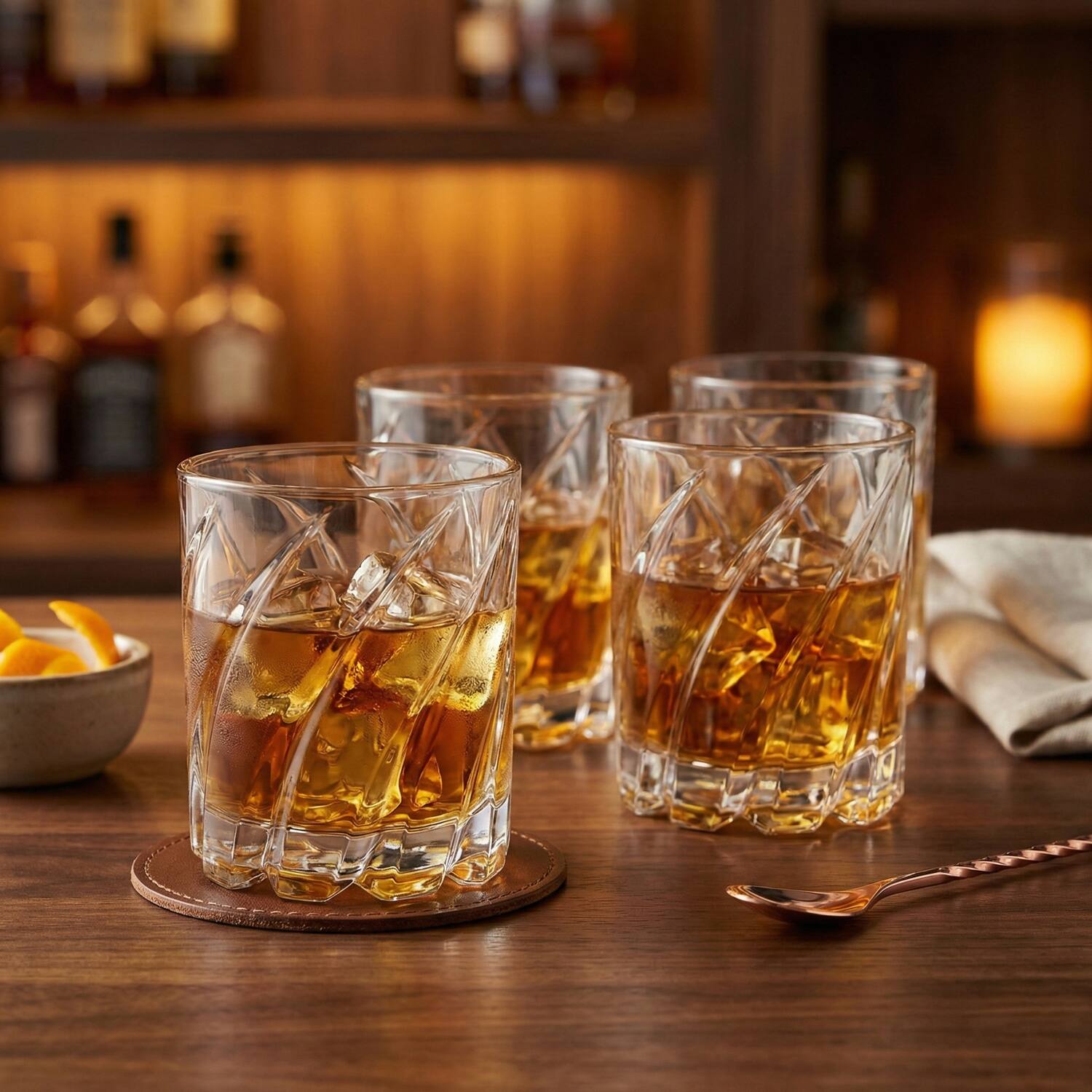 Left. Jay Import - Uptown Bar Set of 4 - 10oz. Spinning Double Old Fashioned Glasses - Clear.