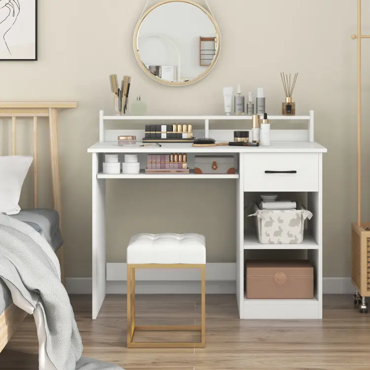 Left. SlickBlue - Adjustable Shelf Desk with Integrated Charging Station for Home Office - White.