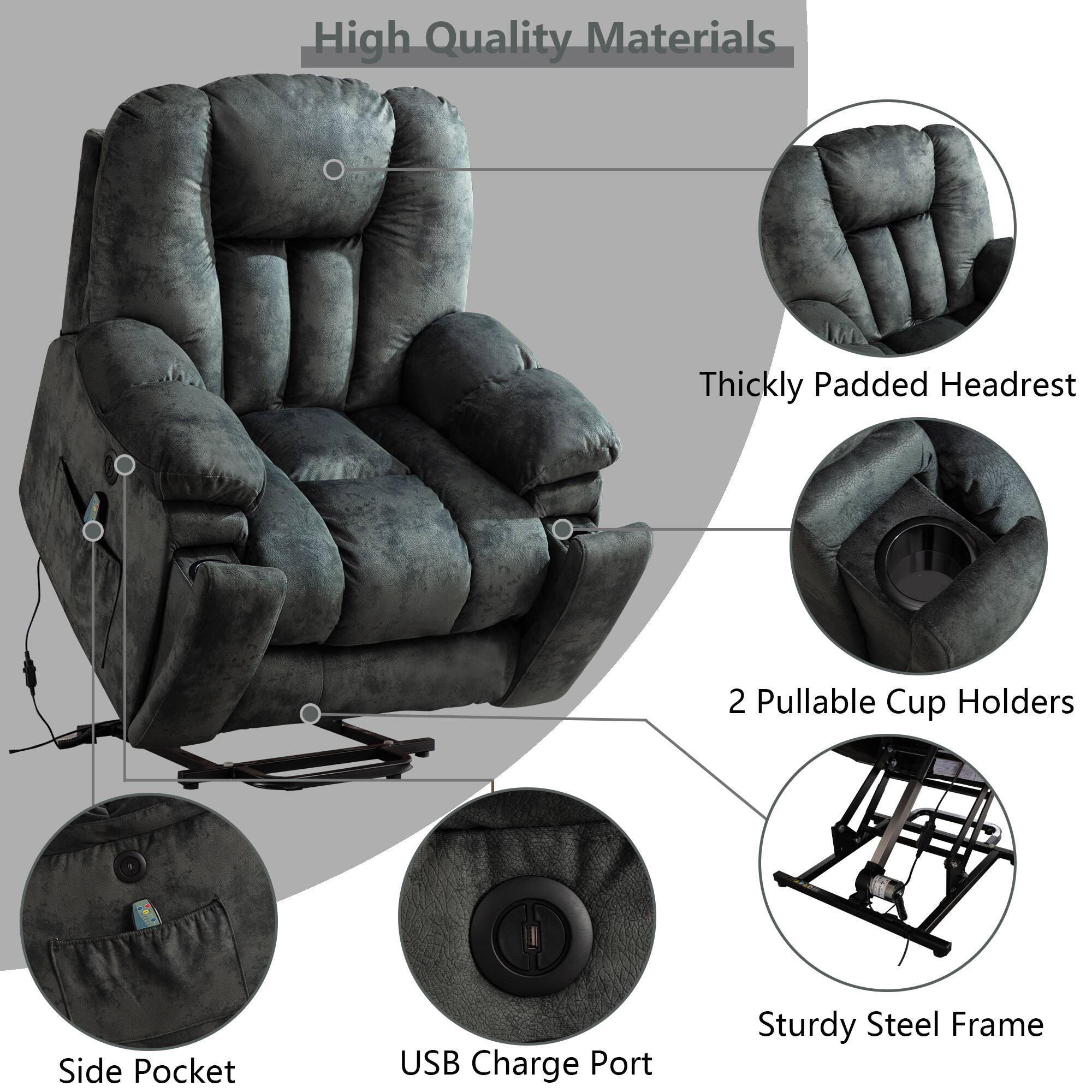 High Quality Materials  
Thickly Padded Headrest  
2 Pullable Cup Holders  
Side Pocket  
USB Charge Port  
Sturdy Steel Frame