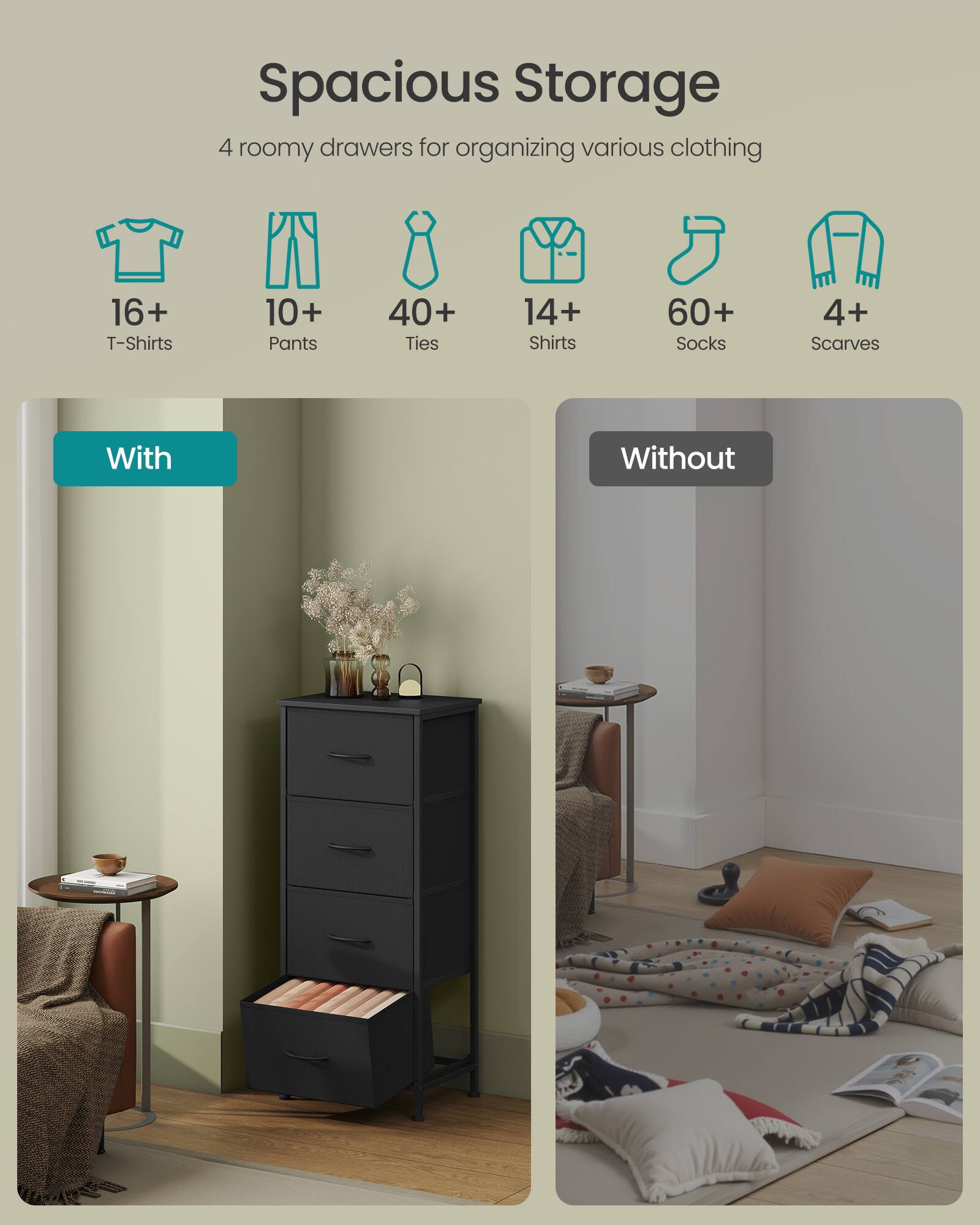 Spacious Storage

4 roomy drawers for organizing various clothing

16+ T-Shirts  
10+ Pants  
40+ Ties  
14+ Shirts  
60+ Socks  
4+ Scarves

With  
Without