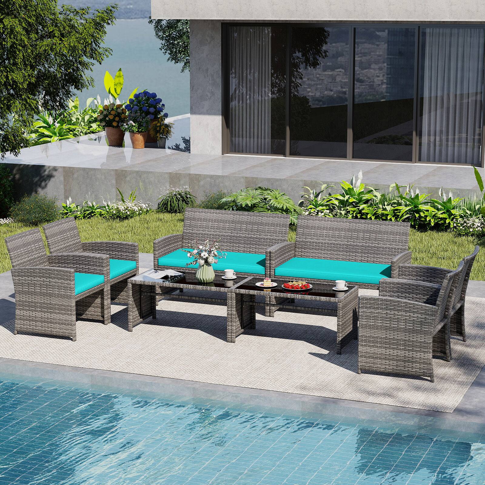 Alt View 3. Gymax - Gymax 8PCS Patio Outdoor Conversation Set w/Seat Cushions & Tempered Glass Tabletop Turquoise - Turquoise.
