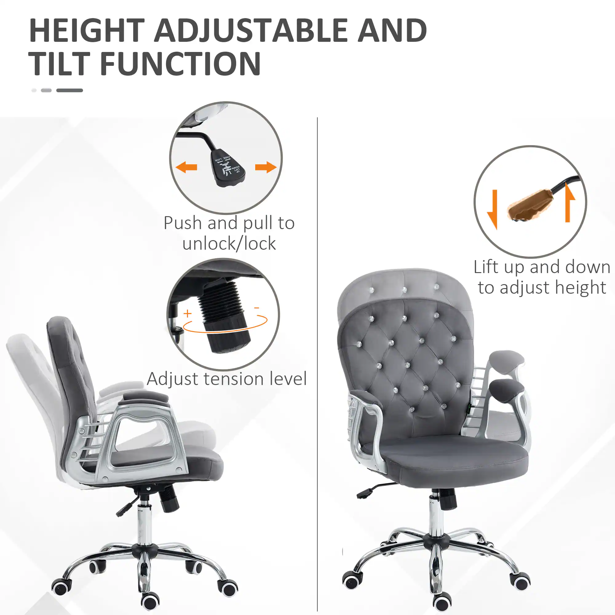 HEIGHT ADJUSTABLE AND TILT FUNCTION

- Push and pull to unlock/lock
- Lift up and down to adjust height
- Adjust tension level