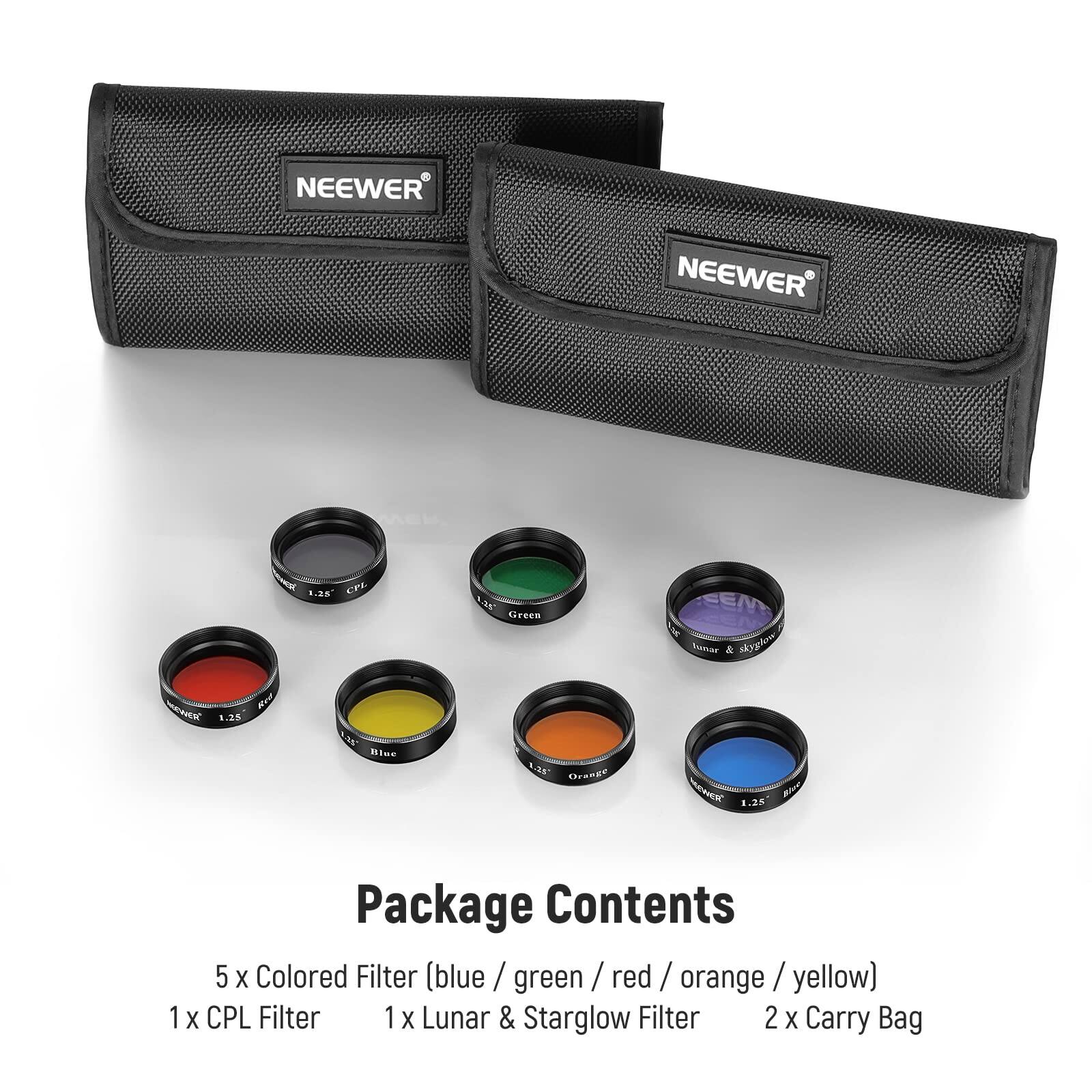 NEEWER 1.28 CFL 326 Cieeen SEM S Tunar & s Red COONa 1.25 Mad .2 Chrange Se BIeS 1.2K 1 Package Contents 5 X Colored Filter (blue / green / red / orange / yellow) X CPL Filter 1 X Lunar & Starglow Filter 2 X Carry Bag