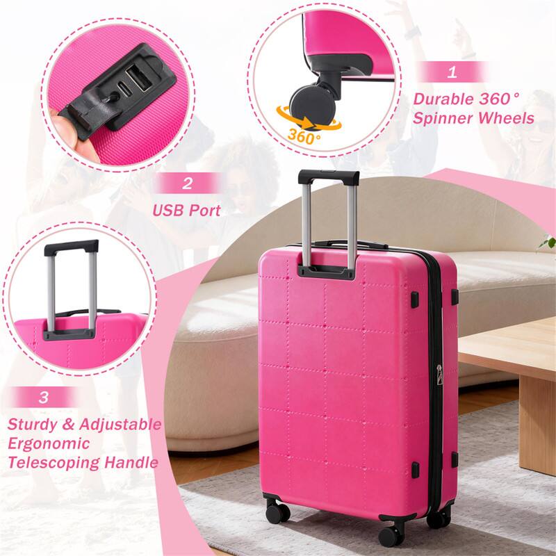 1. Durable 360° Spinner Wheels  
2. USB Port  
3. Sturdy & Adjustable Ergonomic Telescoping Handle