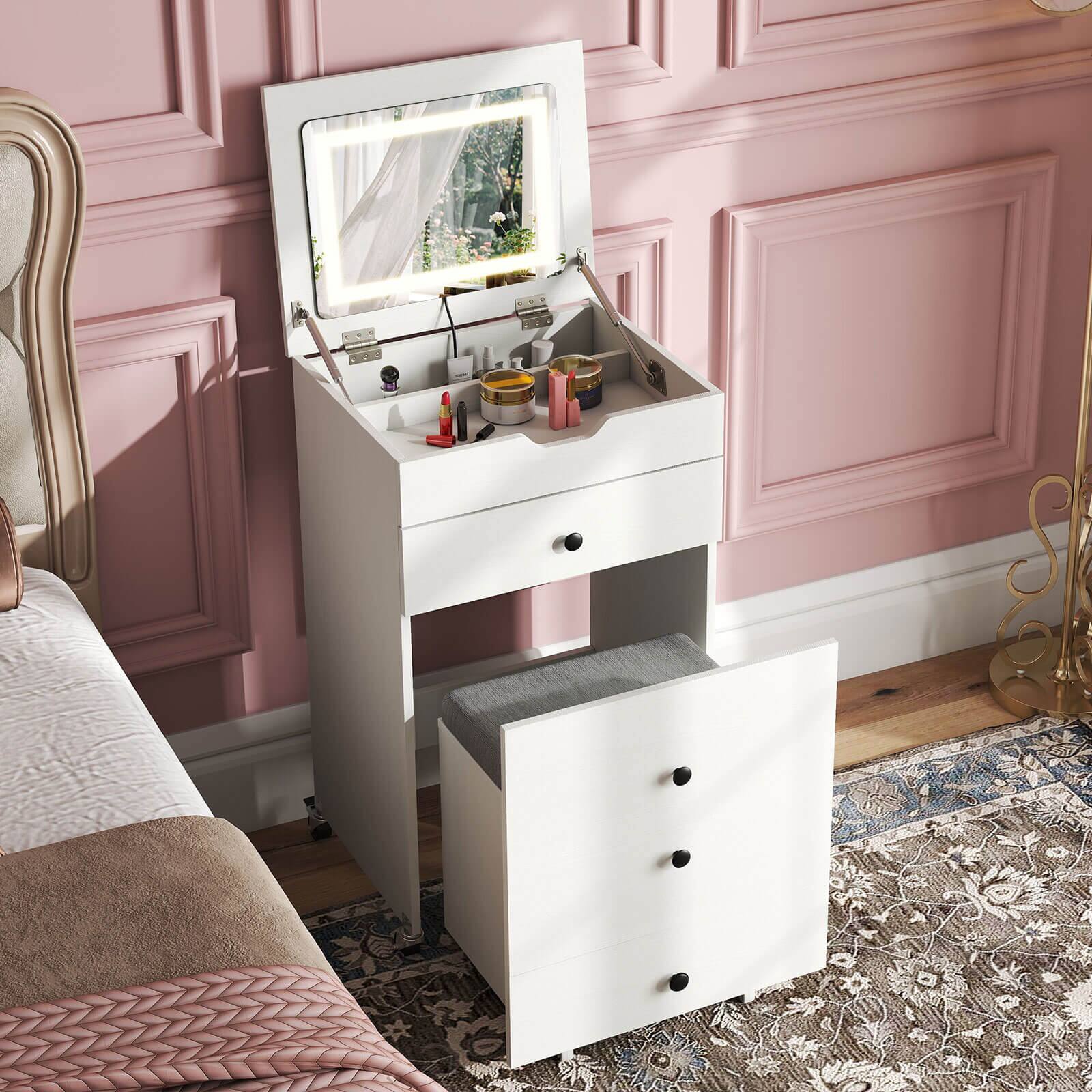 Alt View 4. Costway - Costway 3-in-1 Small Vanity Desk Set with Flip-top Mirror, Lights, Drawers, Storage Stool - White.