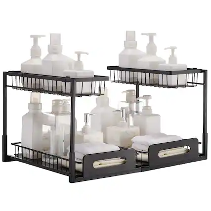 Front. VEVOR - 2 Tier Pull Out Cabinet Organizer(10.7"W x 14.2"D ), Under Sink Organizer and Storage,Slide Out Drawer Cabinet Organizer - Black.