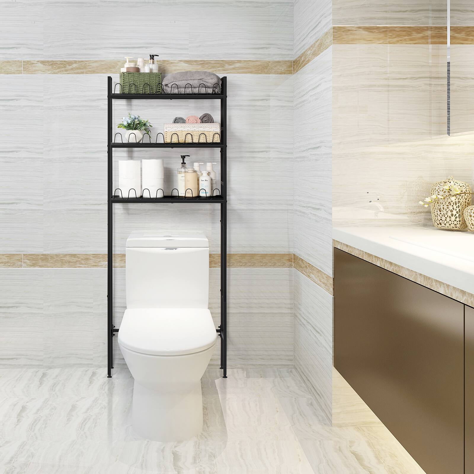 Alt View 2. Oumilen - 3-Tier Over-The-Toilet Storage Shelf, Black Metal and Wood Bathroom Organizer with Anti-Fall Fence and Adjustable Feet - Black.