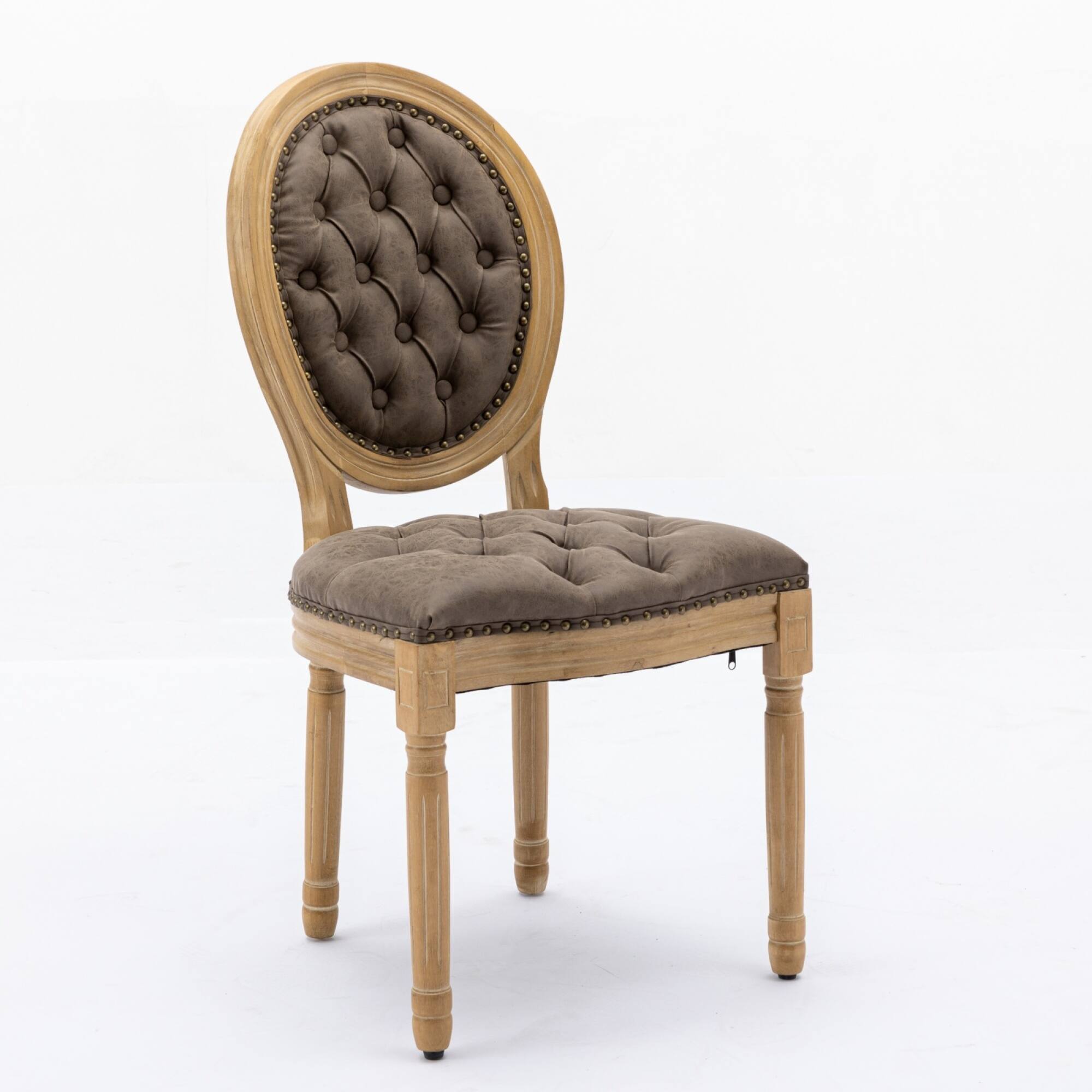 Left. GOODSILO - French Style Solid Wood Frame Antique Dining Chairs with Hand-Pulled Buckle Decoration and Nailhead Trim, Set of 2 - Brown.