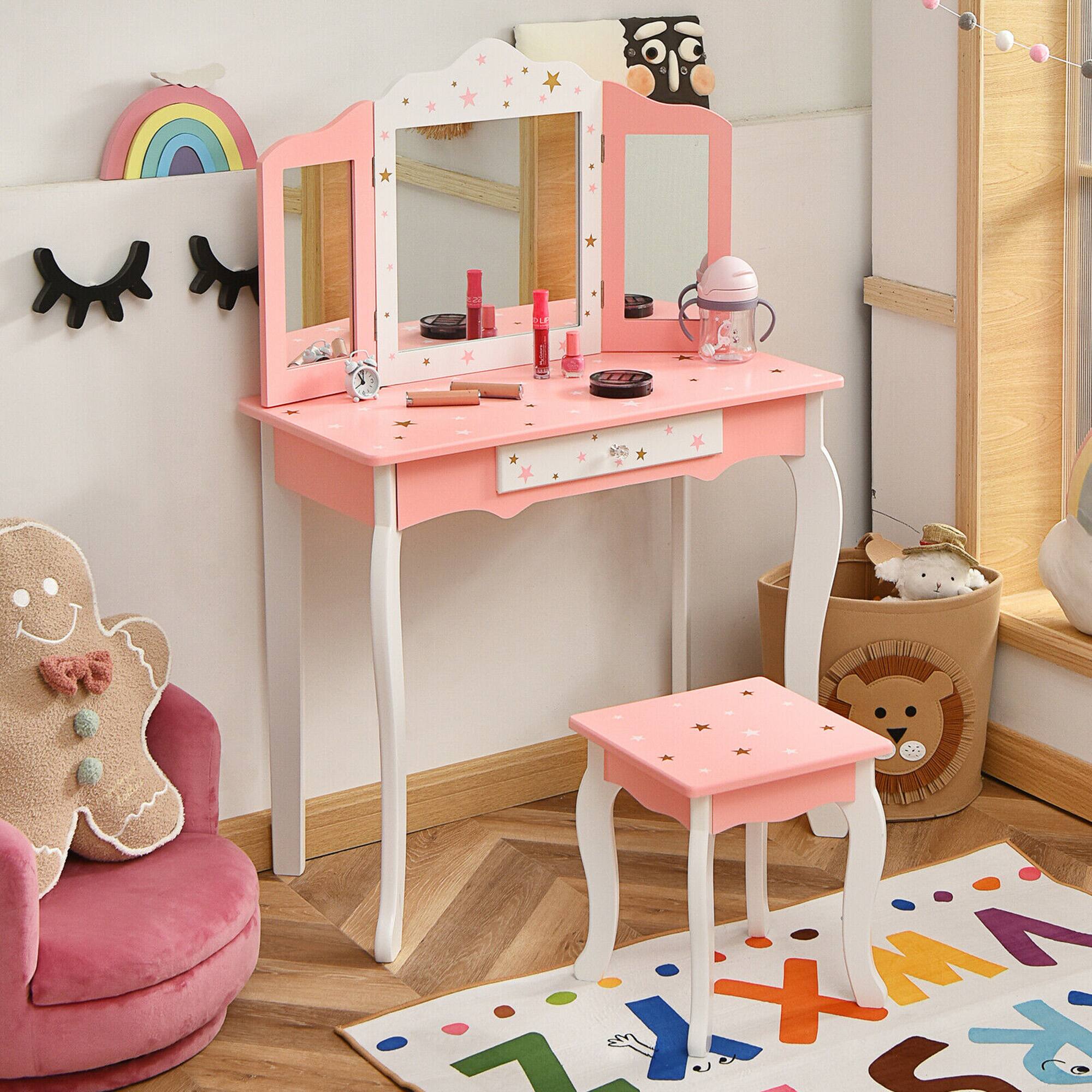Alt View 1. Costway - Costway Kids Vanity Princess Makeup Dressing Table Chair Set W/ Tri-folding Mirror - Pink.