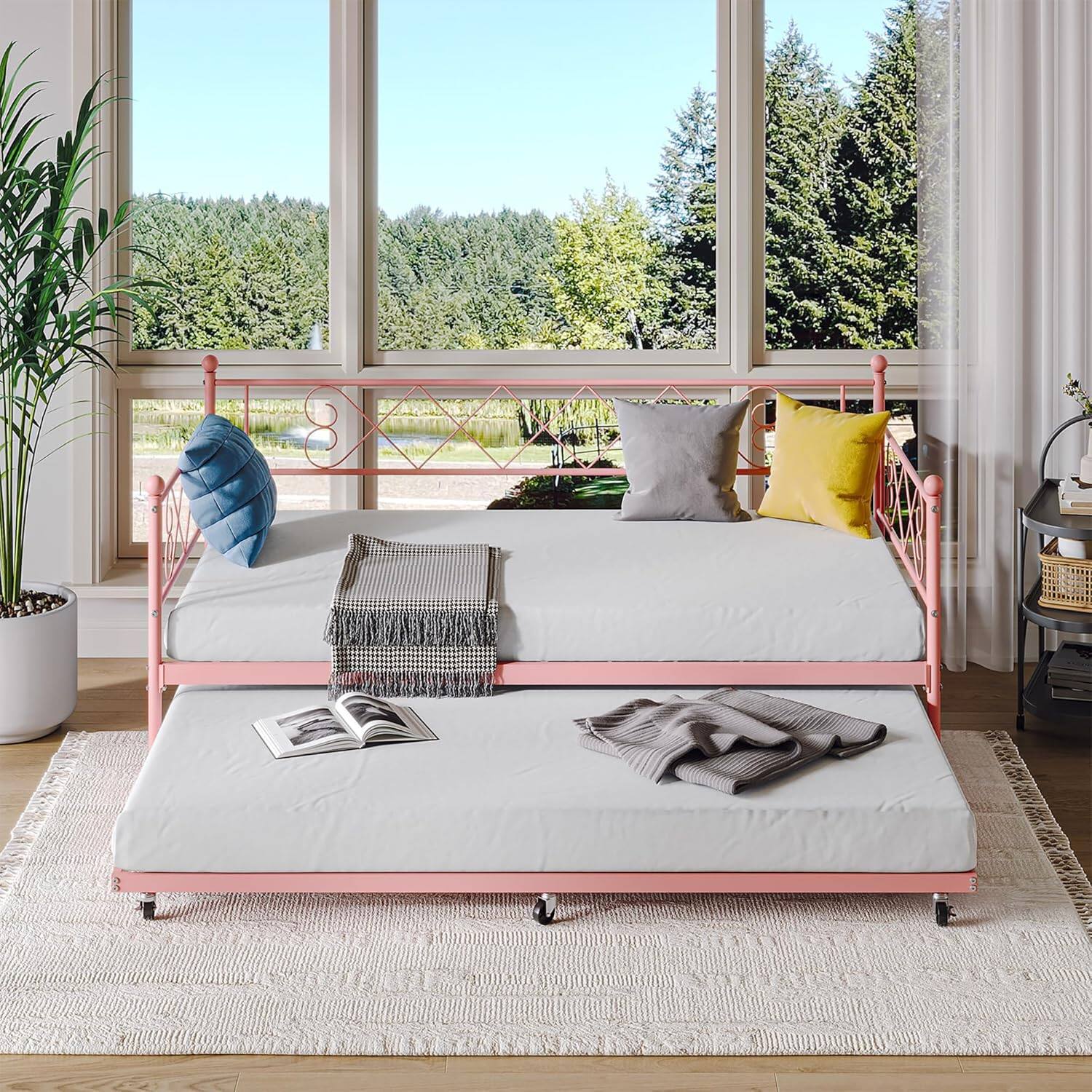 Alt View 2. Qeetex - Daybed with Trundle  Metal Twin Daybed Frame with Headboard  Multifunctional Mattress Foundation Platform Sofa Bed Metal - As Shown.