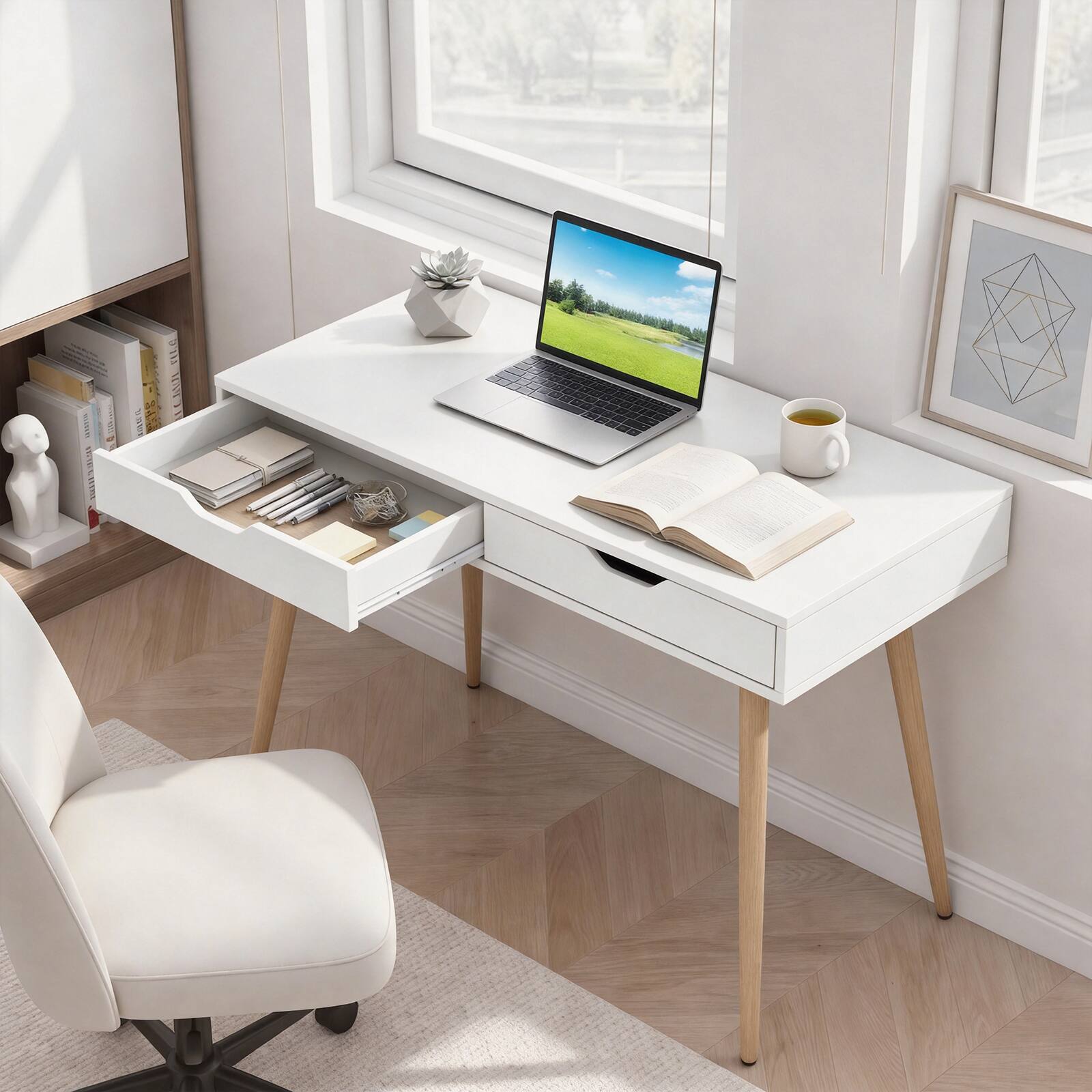 Alt View 3. Gymax - Gymax 43.5'' Writing Desk w/2 Drawers Anti-Tipping Kits & Solid Rubber Wood Legs - White.