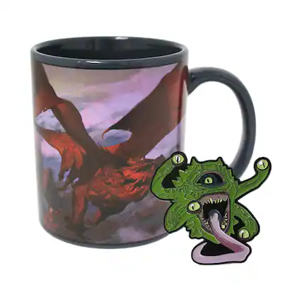 Front. Just Funky - Dungeons and Dragons Red Dragon Mug & Gazer Beholder Pin - Red.
