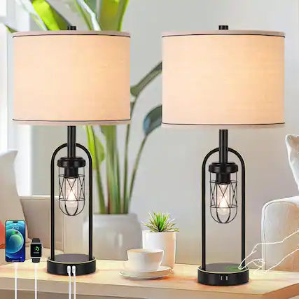 Front. Nordic Hygge - Black Touch Control Table Lamp Set of 2, Dimmable Metal Bedside Lamps with Industrial Cage Nightlight, 27 inches - Minimalist Black Metal.