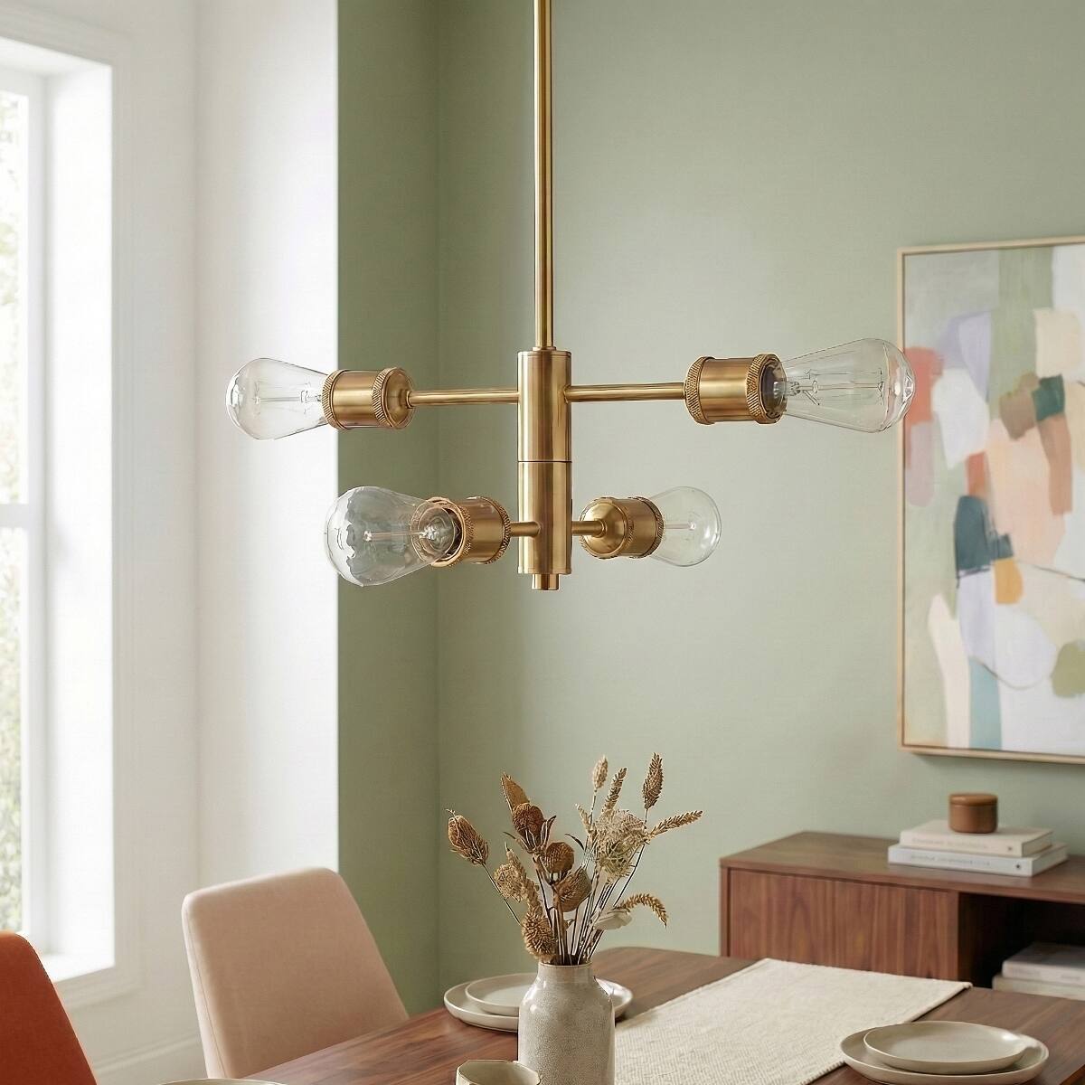 Alt View 1. Loheer - Loheer Four Light Gold Chandelier, Modern Brass and Clear Glass Pendant for Dining Room.