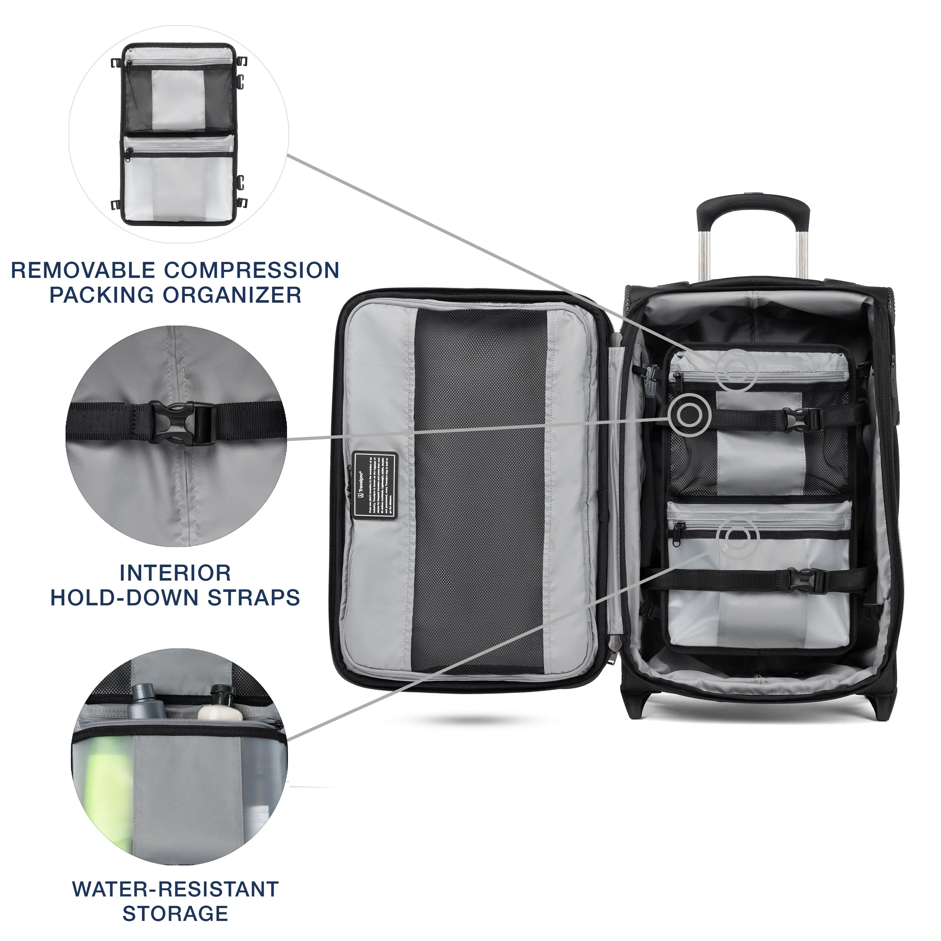 - REMOVABLE COMPRESSION PACKING ORGANIZER
- INTERIOR HOLD-DOWN STRAPS
- WATER-RESISTANT STORAGE