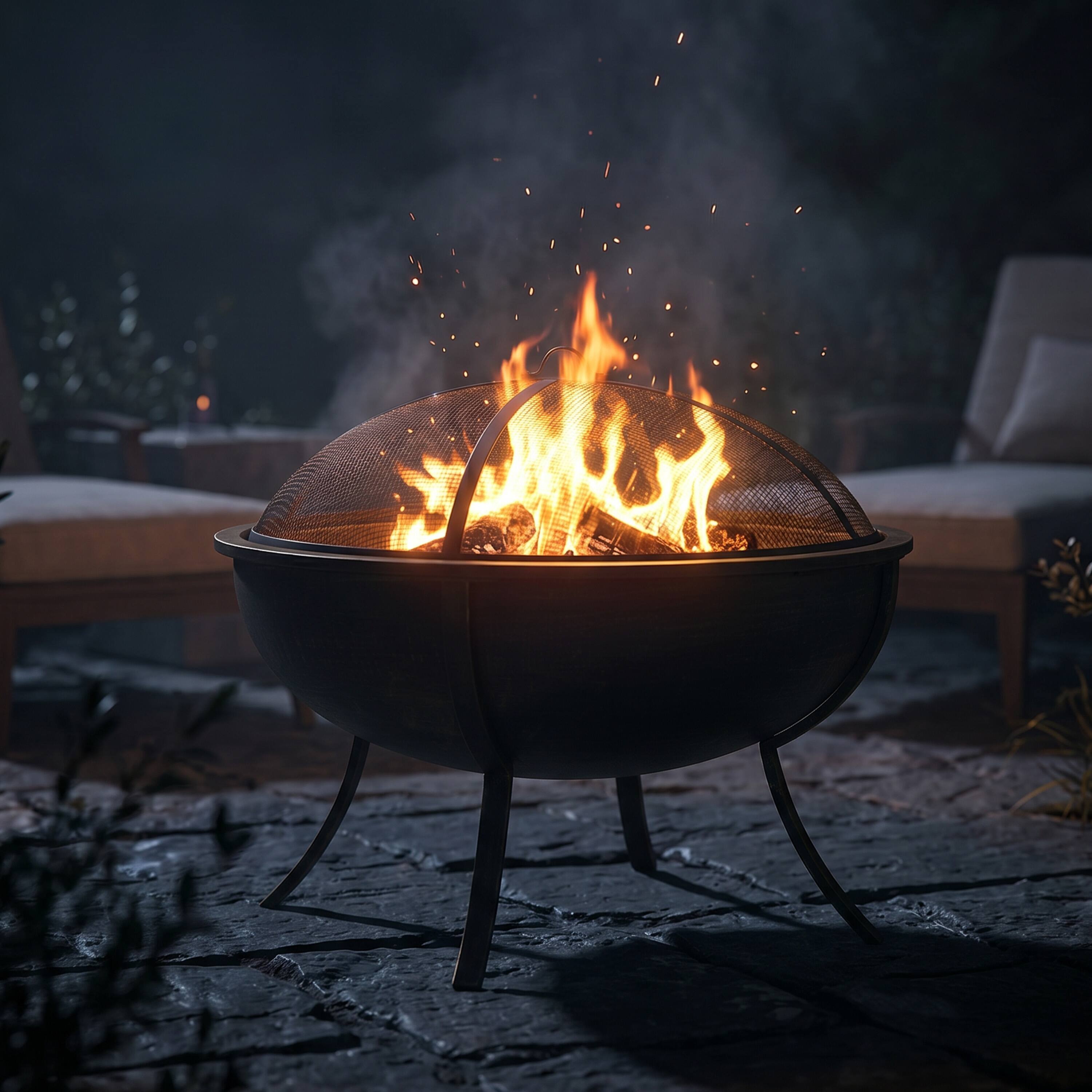 Alt View 2. Sunnydaze - 32 in Steel Fire Pit with Screen, Grate, and Poker - Brushed Brass.