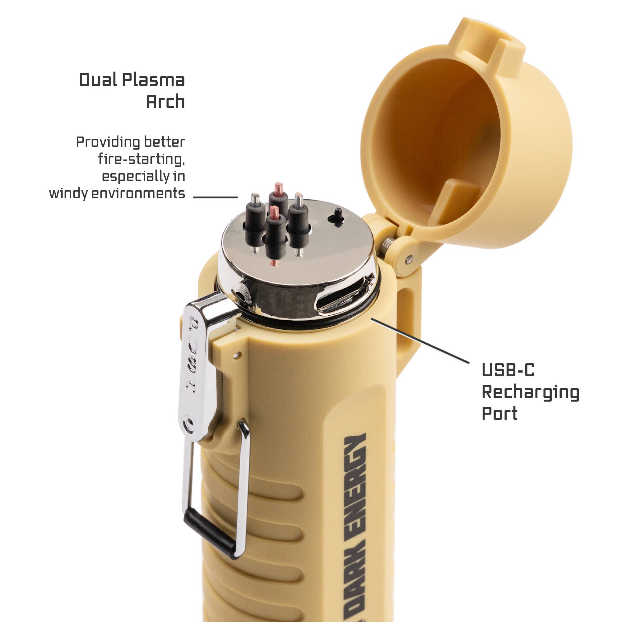 Dual Plasma Arch  
Providing better fire-starting, especially in windy environments  
ENERGY DARK - USB-C Recharging Port