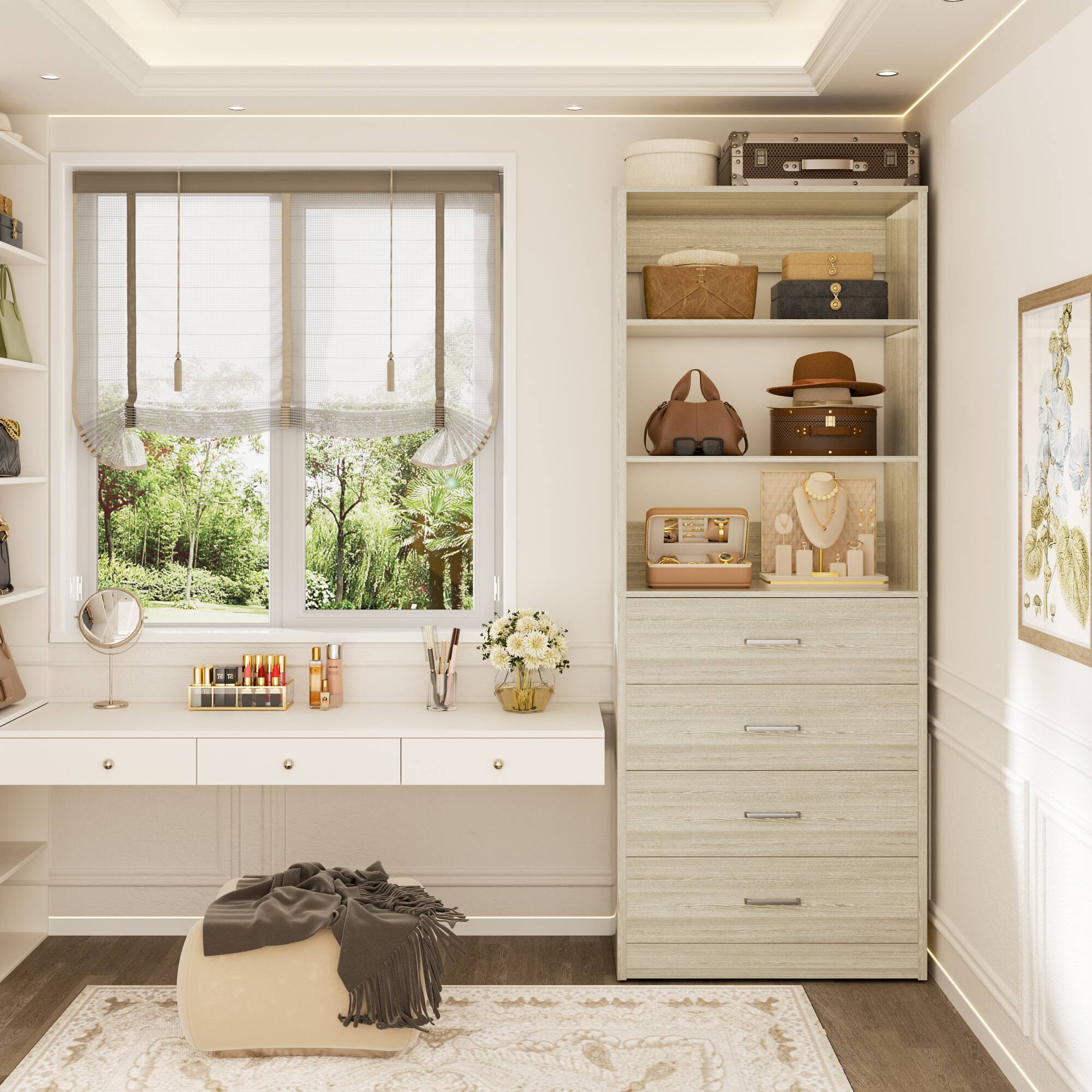 Alt View 1. Aheaplus - 80'' Tall Bookcase with 4 Wooden Drawers, 21.3'' Wide Storage Unit with Adjustable Shelves - Beige Oak.