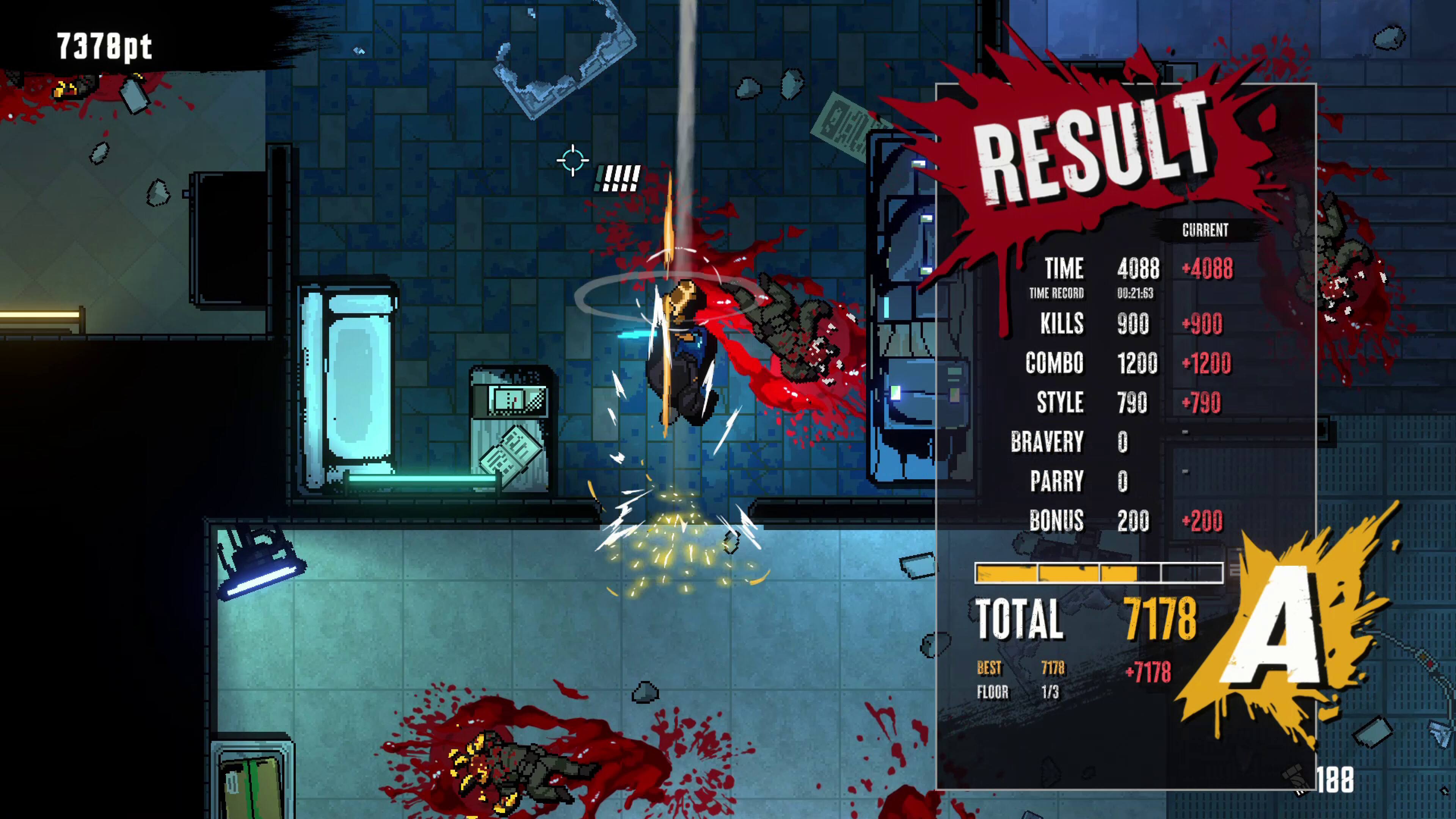 7378pt

RESULT

CURRENT TIME 4088 +4088  
TIME RECORD 00-21-63  
KILLS 900 +900  
COMBO 1200 +1200  
STYLE 790 +790  
BRAVERY 0  
PARRY 0  
BONUS 200 +200  

TOTAL 7178  
A  
BEST 7178 +7178  
FLOOR 1/3  

188