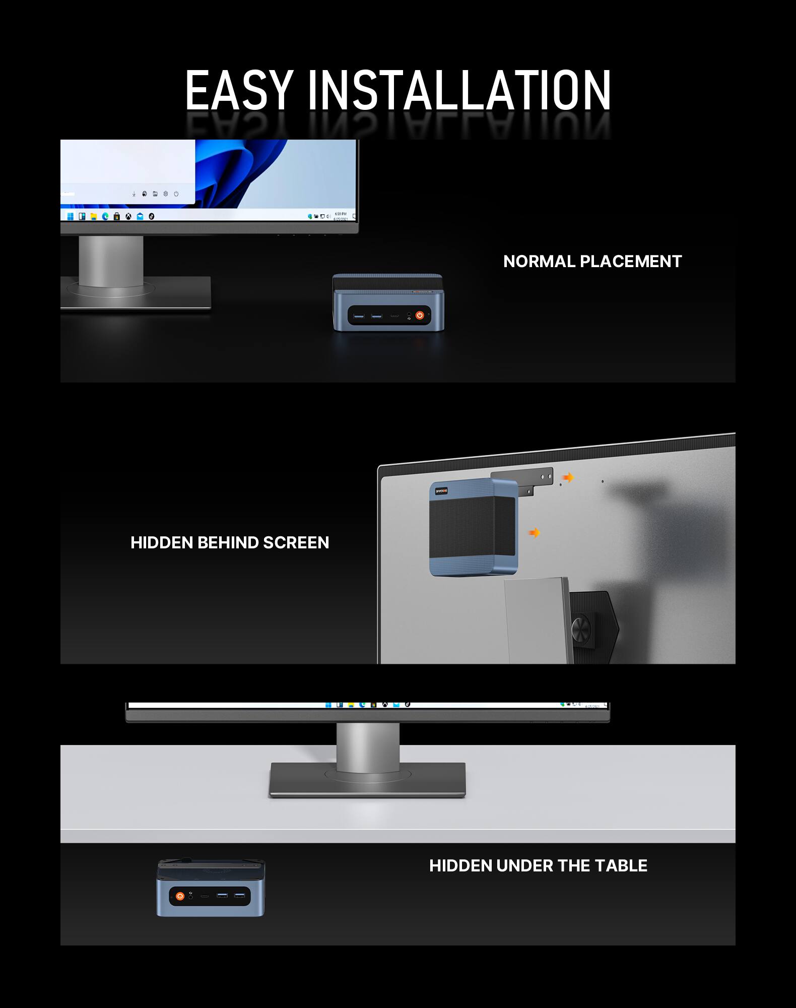 EASY INSTALLATION

- NORMAL PLACEMENT
- HIDDEN BEHIND SCREEN
- HIDDEN UNDER THE TABLE