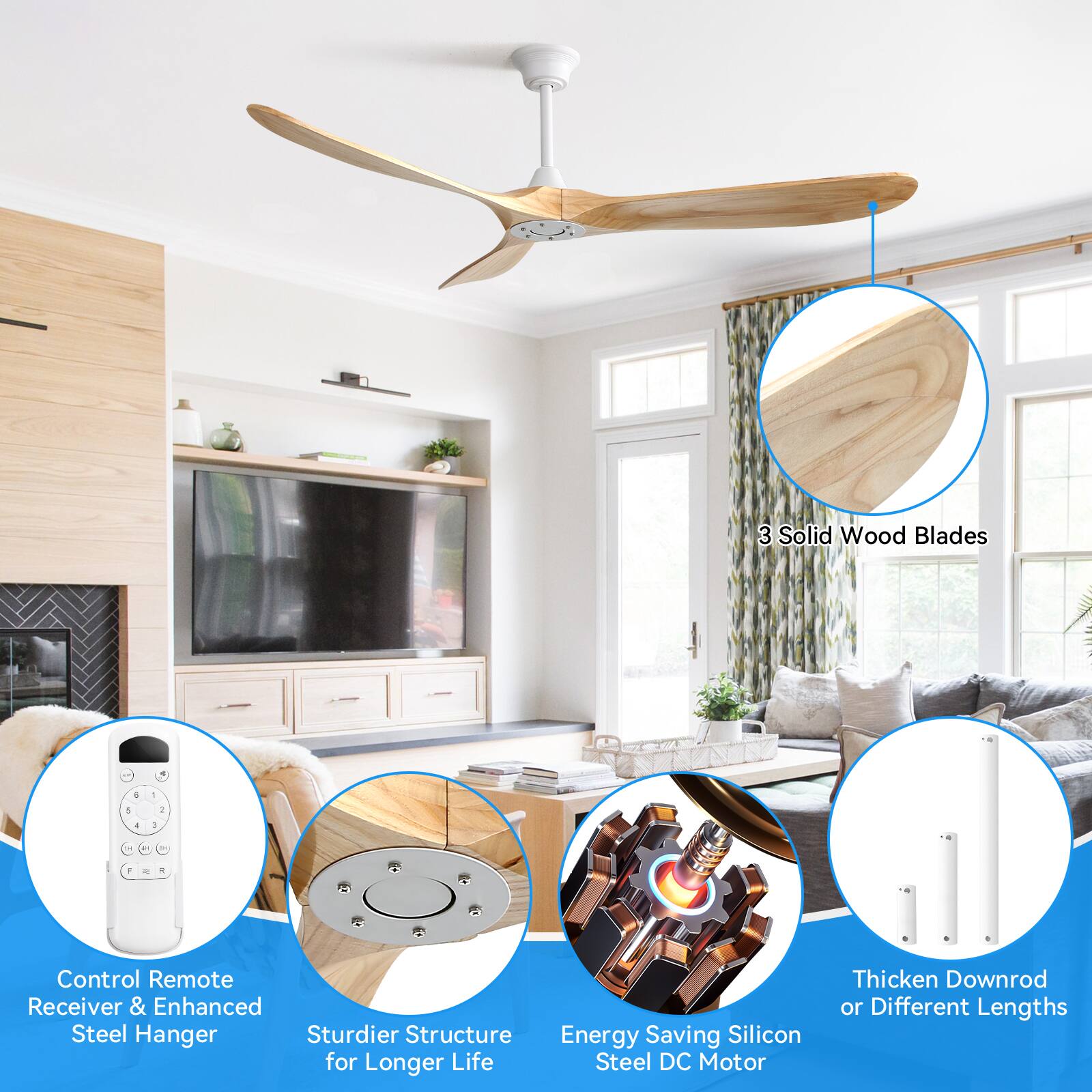 3 Solid Wood Blades

Control Remote Receiver & Enhanced Steel Hanger

Sturdier Structure for Longer Life

Energy Saving Silicon Steel DC Motor

Thicken Downrod or Different Lengths