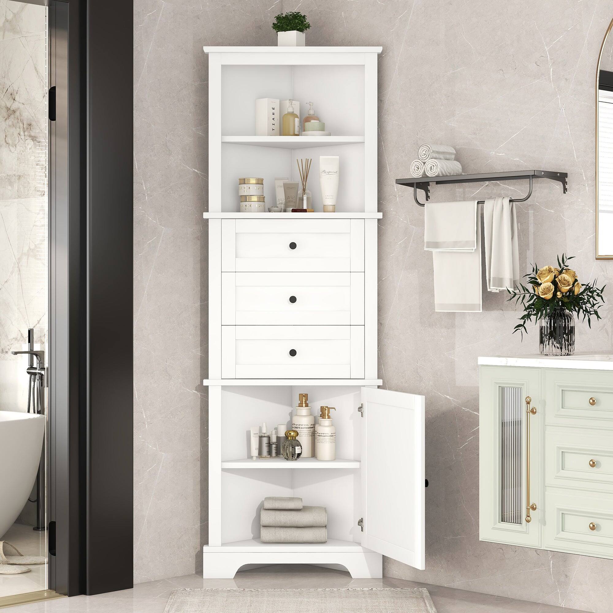 Alt View 5. Boyel Living - White Triangle Tall MDF Cabinet with 3 Drawers and Adjustable Shelves for Bathroom Kitchen or Living Room - White.