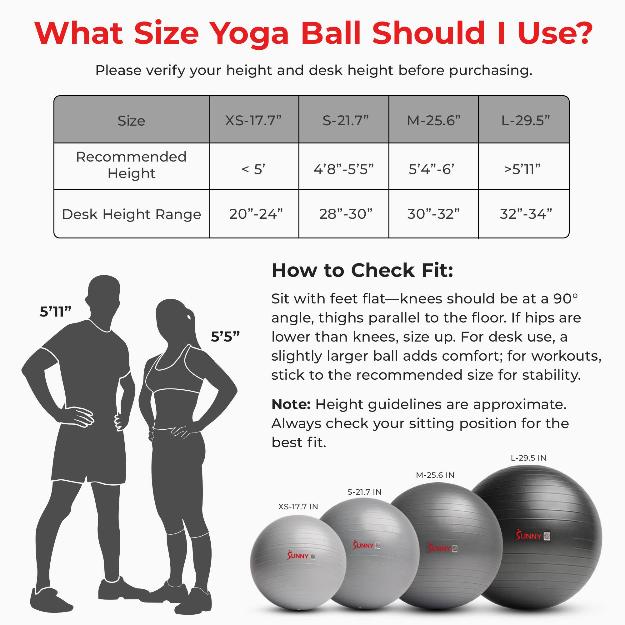 What Size Yoga Ball Should I Use?

Please verify your height and desk height before purchasing.

| Size   | XS-17.7" | S-21.7" | M-25.6" | L-29.5" |
|--------|---------|--------|--------|--------|
| Recommended Height | < 5' | 4'8"-5'5" | 5'4"-6' | >5'11" |
| Desk Height Range | 20"-24" | 28"-30" | 30"-32" | 32"-34" |

How to Check Fit:
Sit with feet flat—knees should be at a 90° angle, thighs parallel to the floor. If hips are lower than knees, size up. For desk use, a slightly larger ball adds comfort; for workouts, stick to the recommended size for stability.

Note: Height guidelines are approximate. Always check your sitting position for the best fit.

XS-17.7 IN  
S-21.7 IN  
M-25.6 IN  
L-29.5 IN  

SUNNY  
SUNNY  
SUNNY